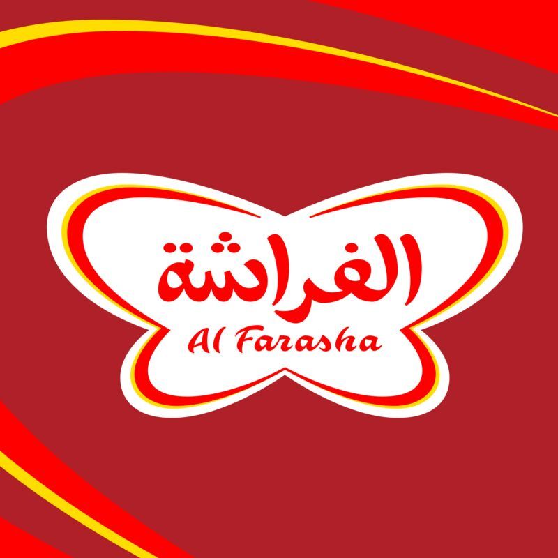 Al Farasha logo, a red butterfly shape with English text