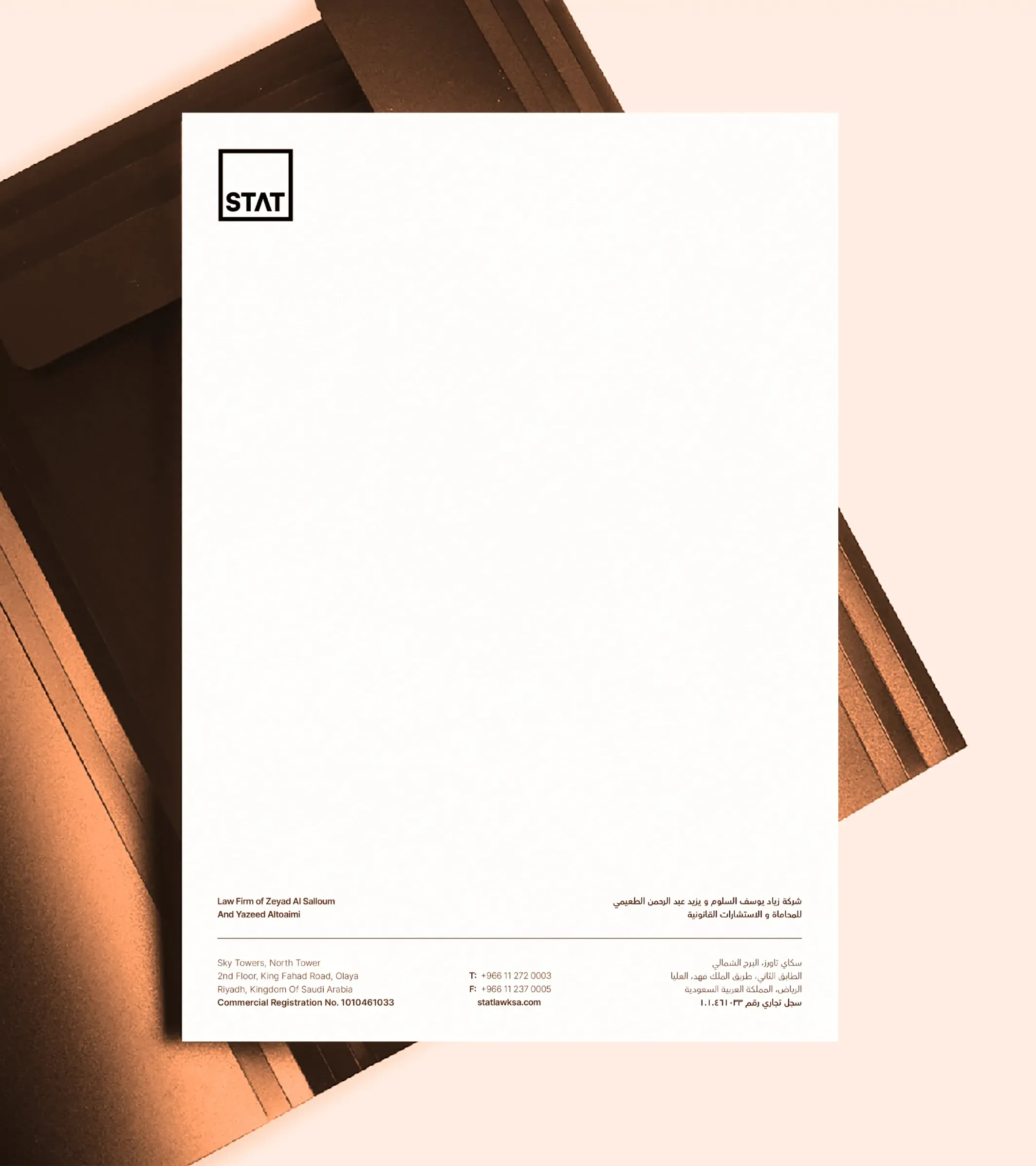 STAT Law letterhead, showcasing professional corporate identity and bilingual branding developed by Skyne, a creative agency in Dubai and Riyadh.