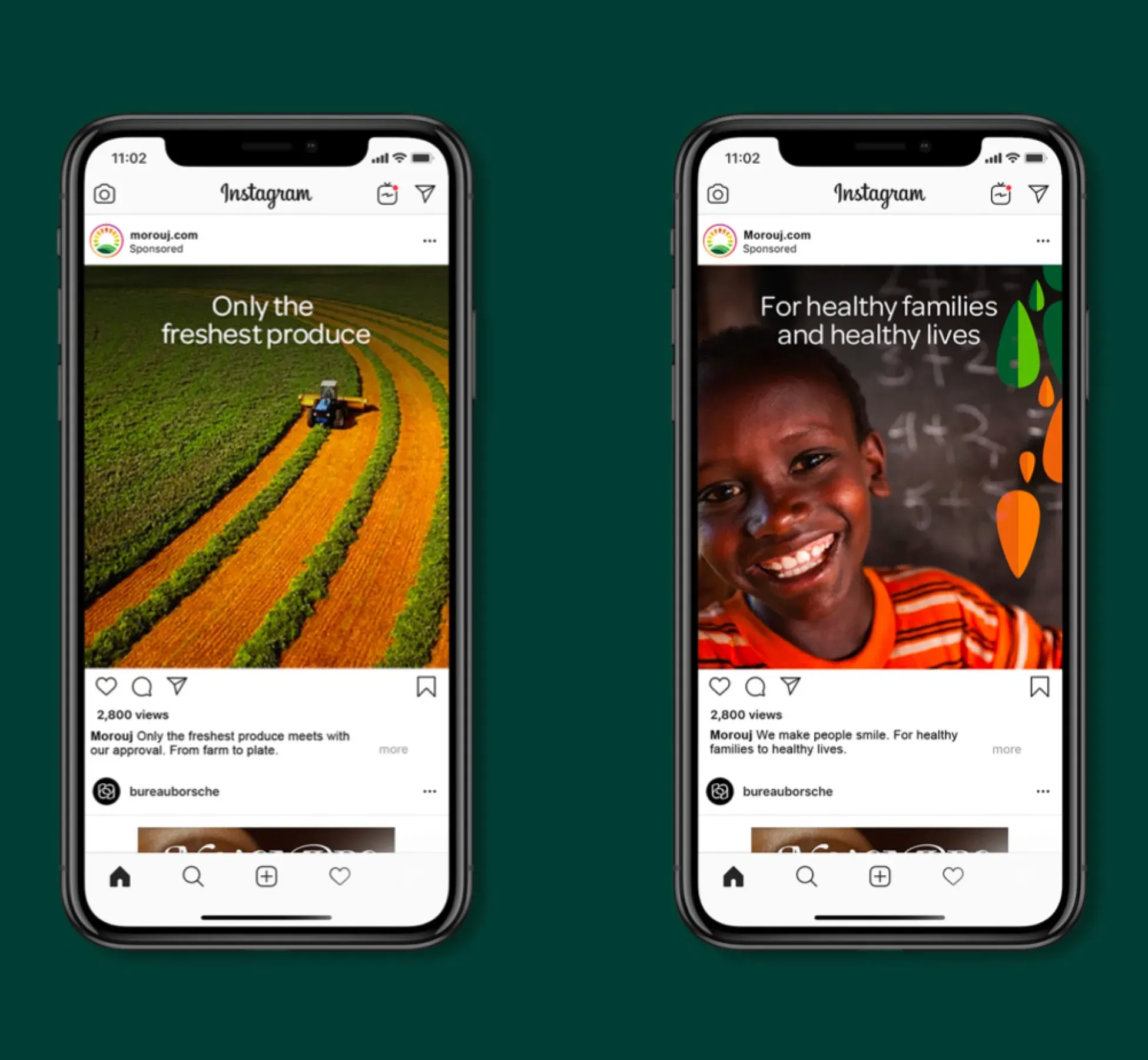 Instagram posts on mobile screens featuring Marooj’s fresh produce and healthy living messages, social media content by Skyne branding agency