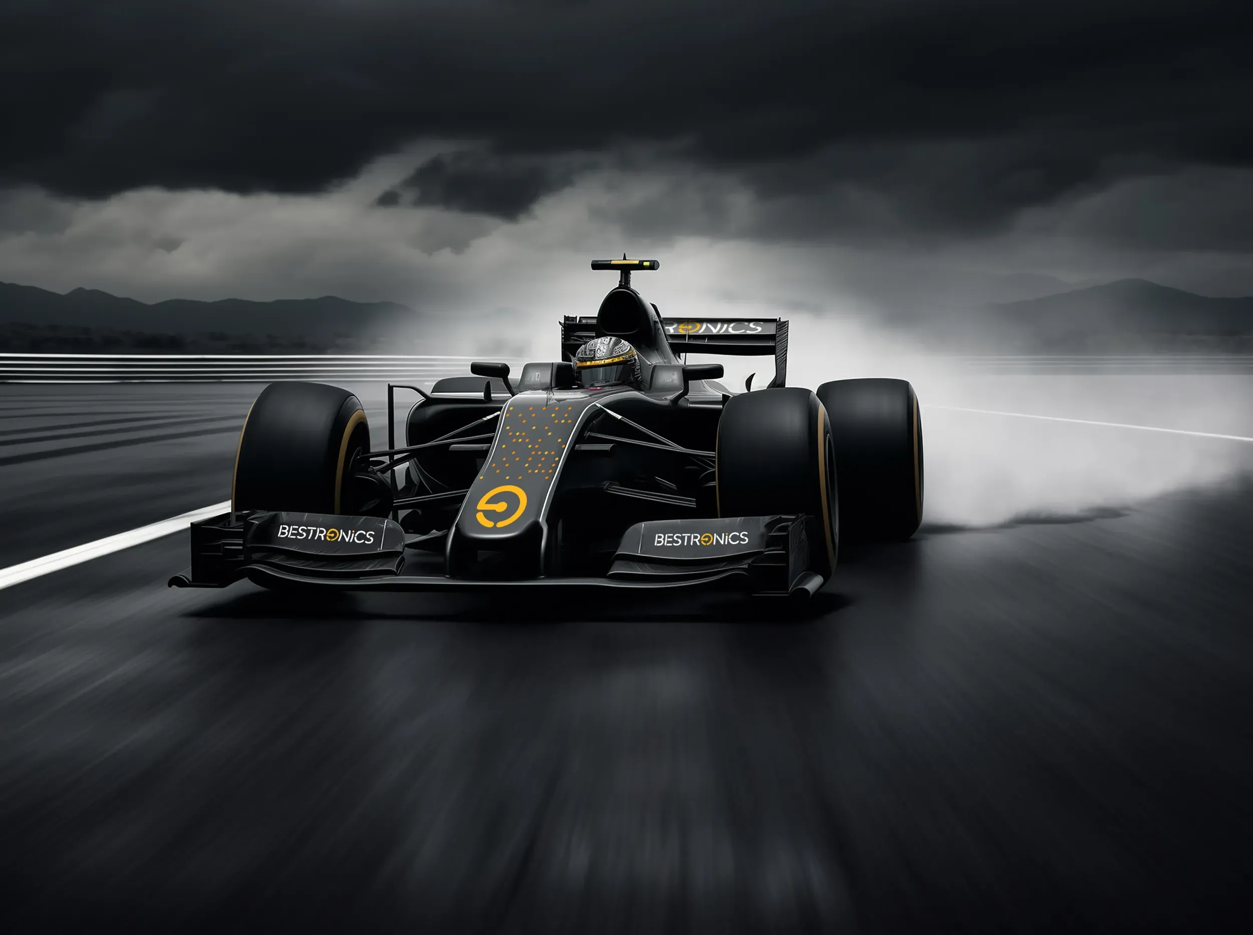Sleek, dark Formula 1 race car with Bestronics branding, symbolizing innovation and leadership, and dynamic branding created by Skyne, a creative agency.