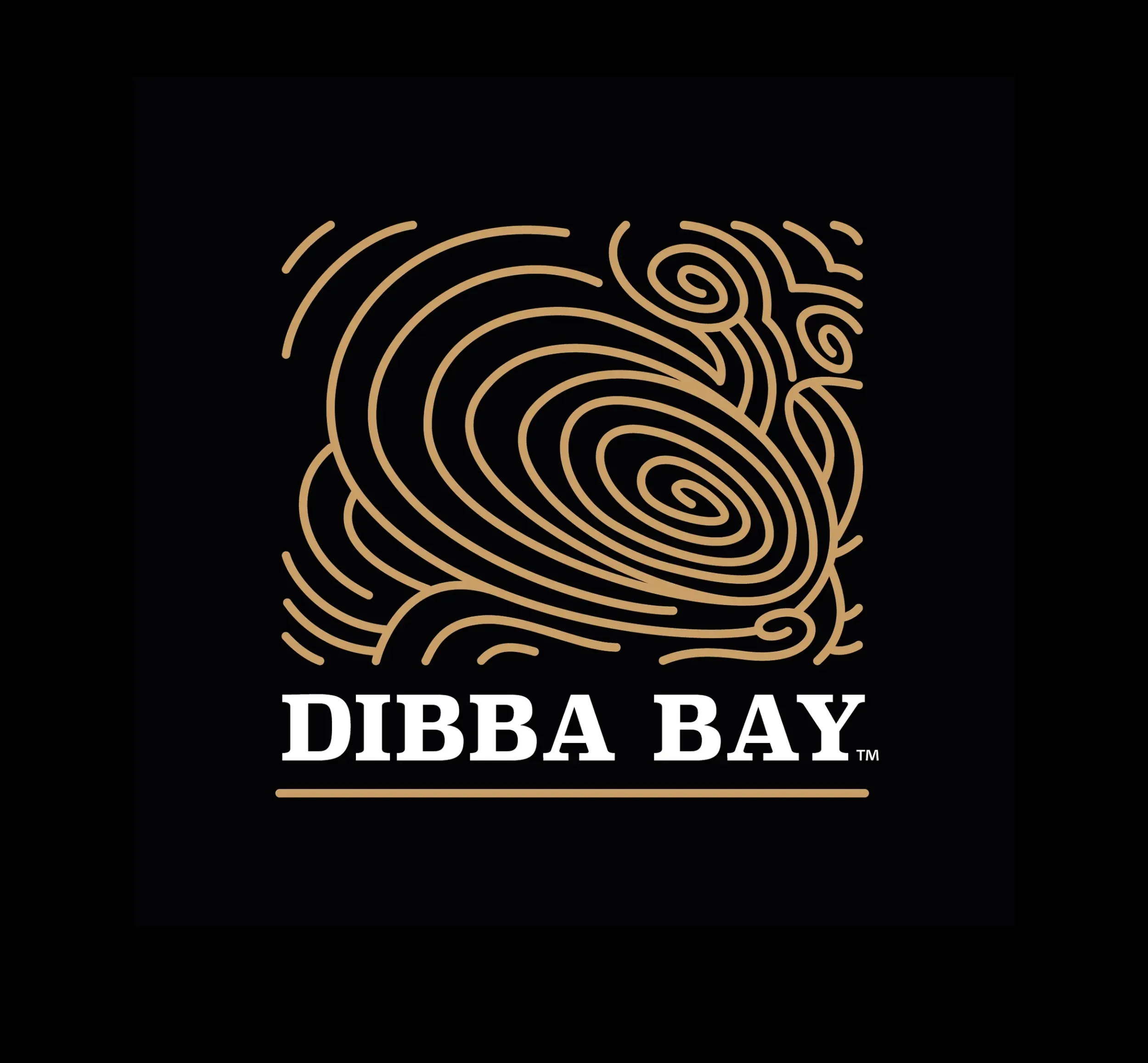 Dibba Bay logo, a stylized oyster shell design in gold on black. Skyne, a branding agency, created this iconic logo for global recognition.