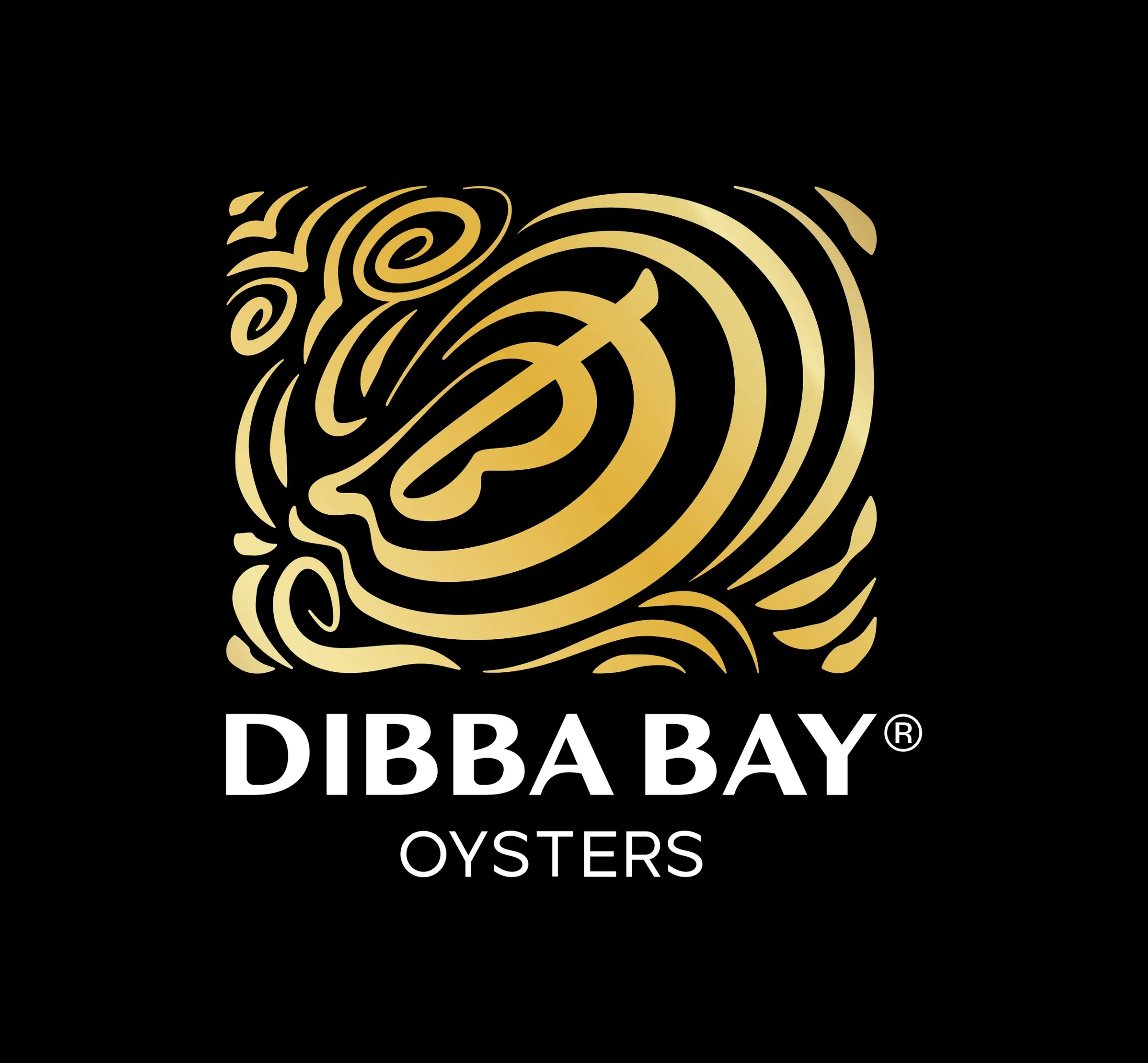 Dibba Bay Oysters logo in gold and black, emphasizing luxury and authenticity. Skyne, a branding agency, designed a global seal of quality.