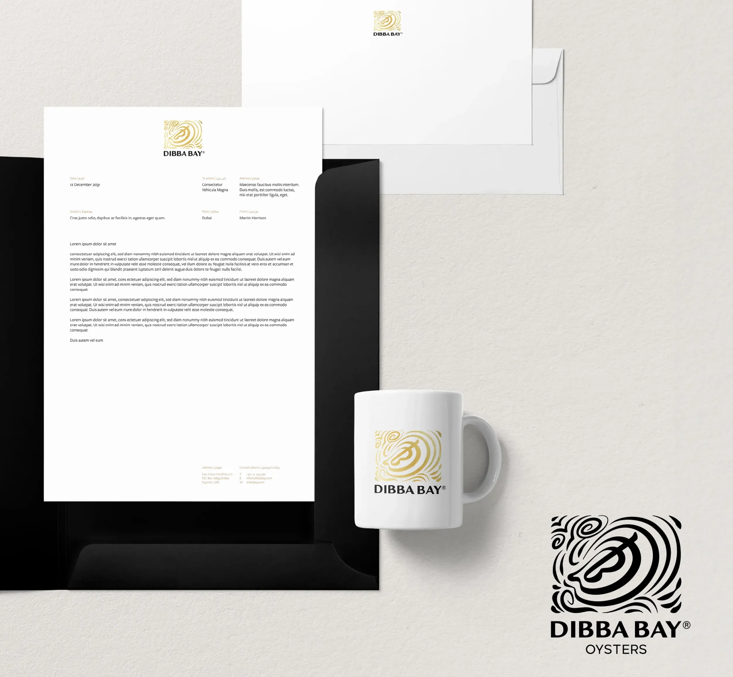 Dibba Bay stationery, including folders, business cards, and mugs, featuring the new branding. Skyne, a branding agency, developed a comprehensive brand system.