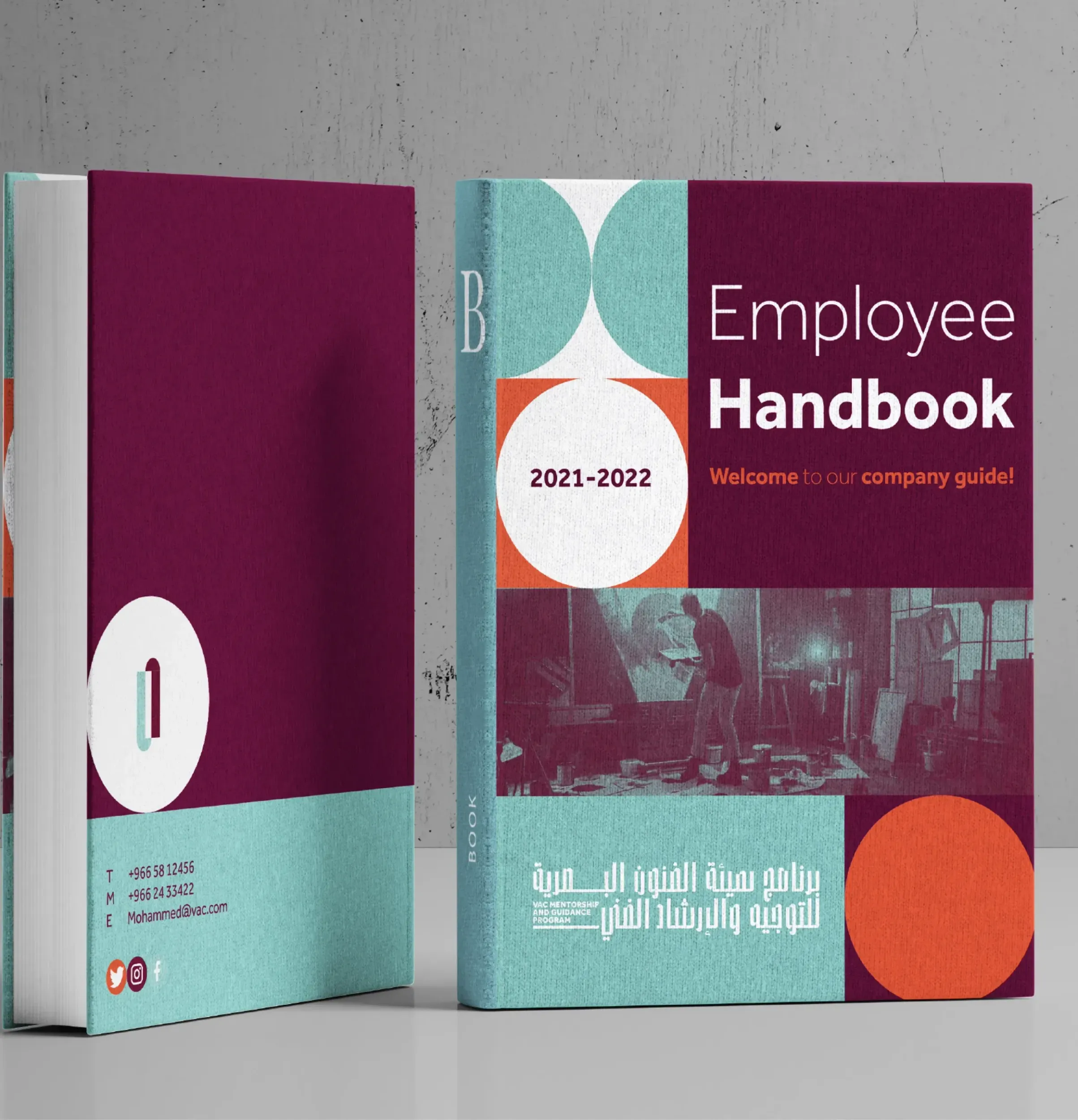 Front and back cover of a bilingual 2021–2022 Employee Handbook featuring modern geometric design in maroon, teal, and orange.