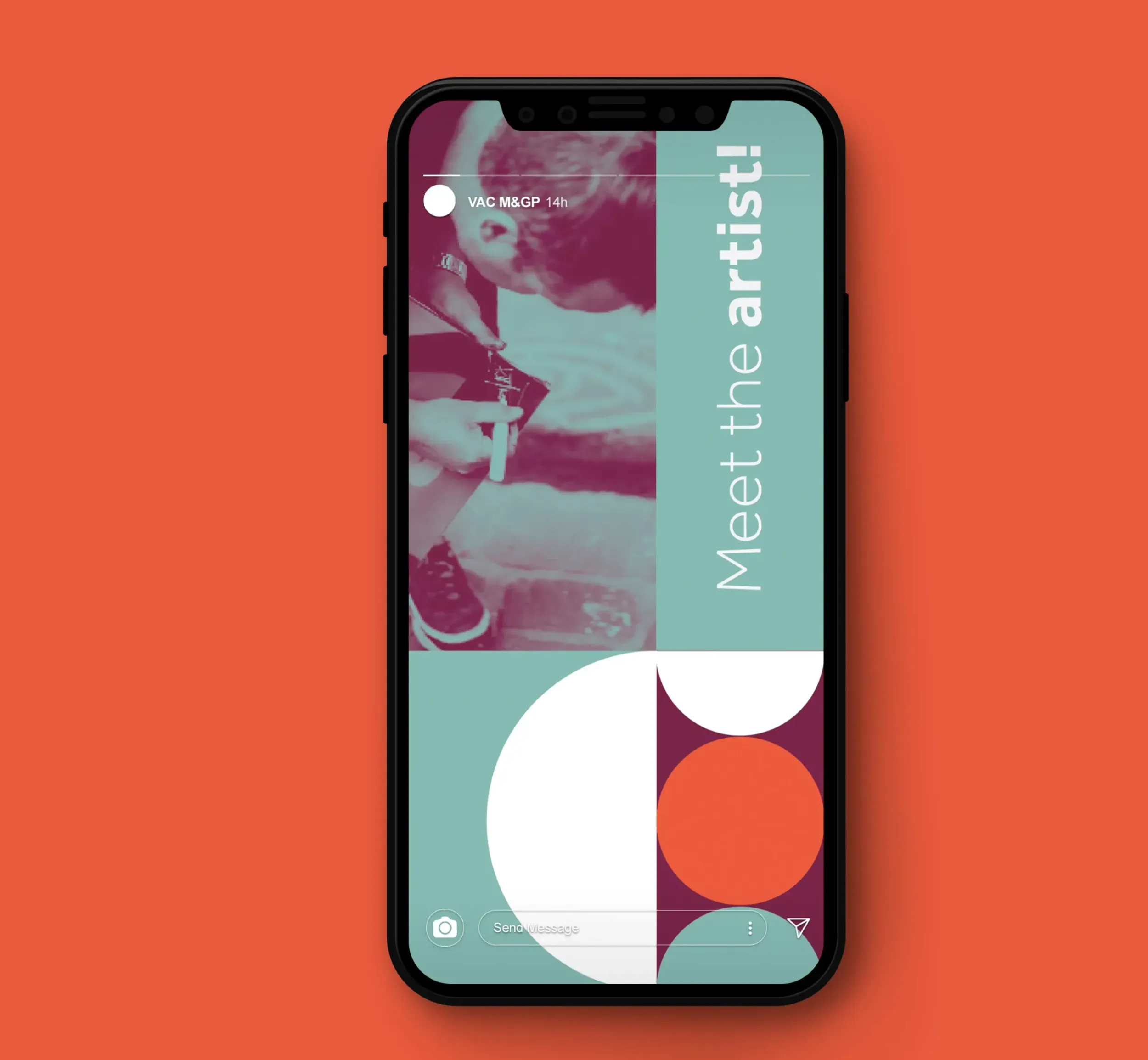 Smartphone screen displaying a 'Meet the artist!' social media story with duotone visuals and geometric design in teal, maroon, and orange