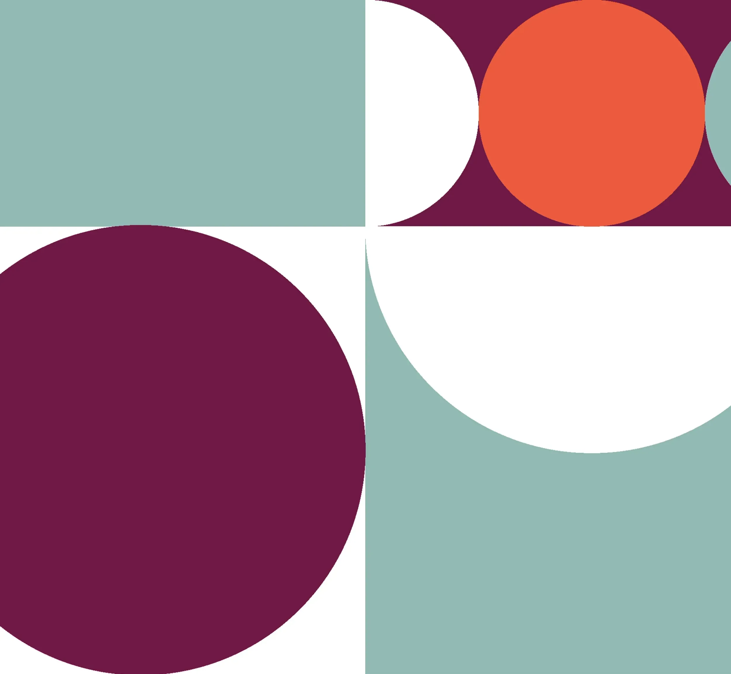 Geometric pattern with bold circles and semi-circles in maroon, teal, orange, and white on a modern grid layout.
