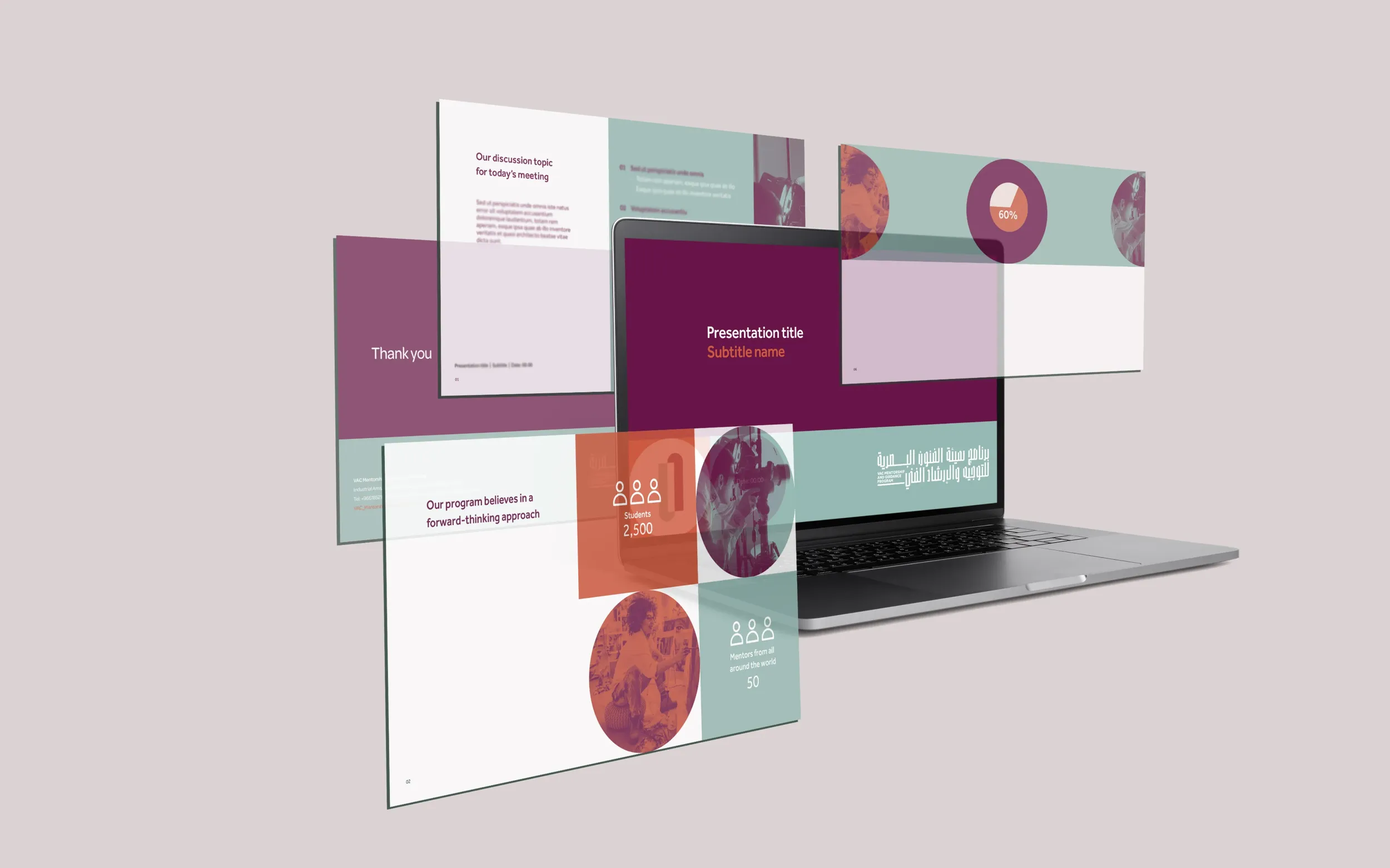 Laptop displaying branded presentation slides in maroon, teal, and orange, featuring modern geometric and circular design elements.