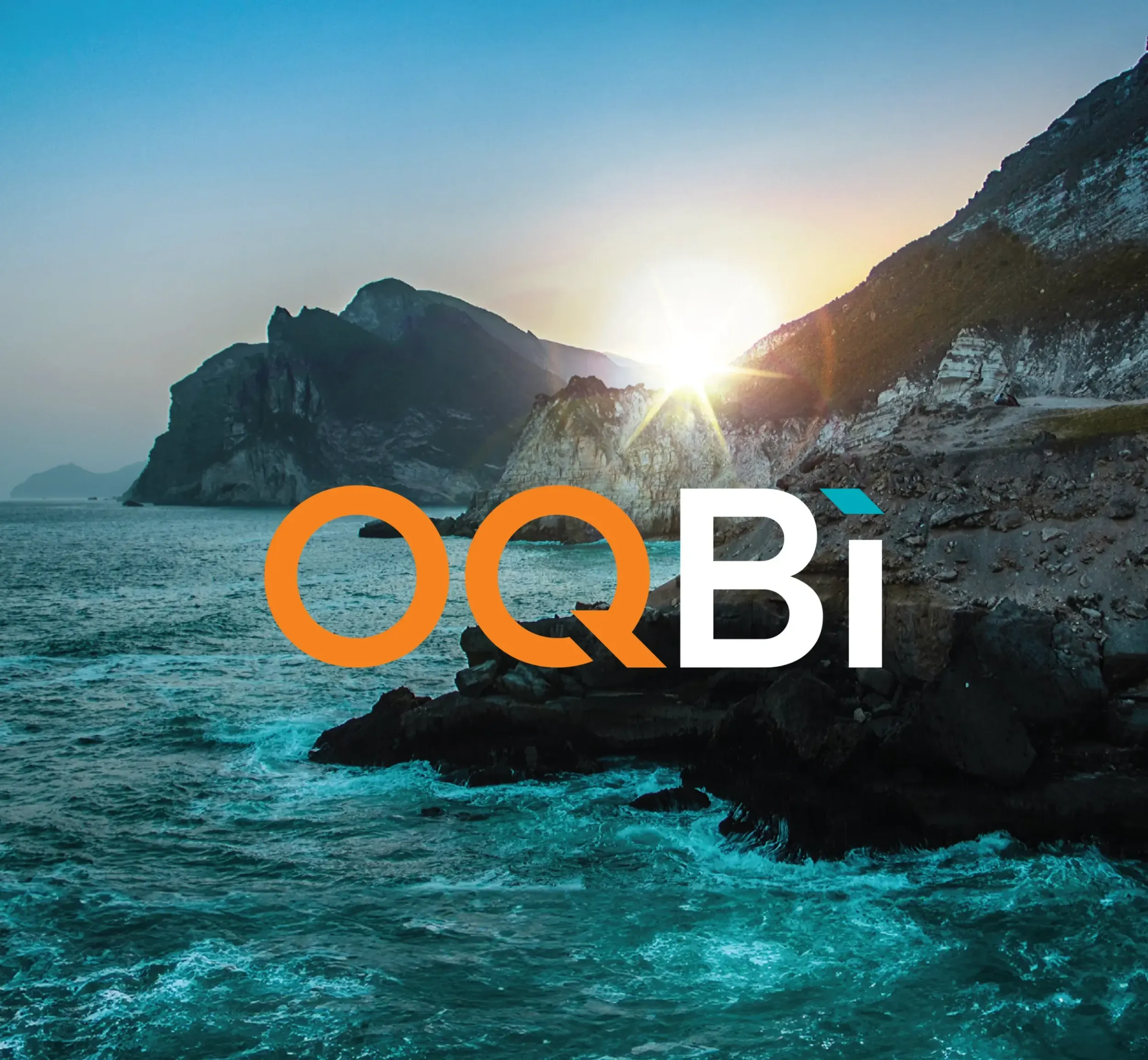 OQBi logo superimposed over a scenic coastal landscape with sunset, connecting the brand to environmental responsibility. Skyne integrates local culture and sustainability themes into branding strategies for clients in Dubai, Riyadh, and Jeddah.