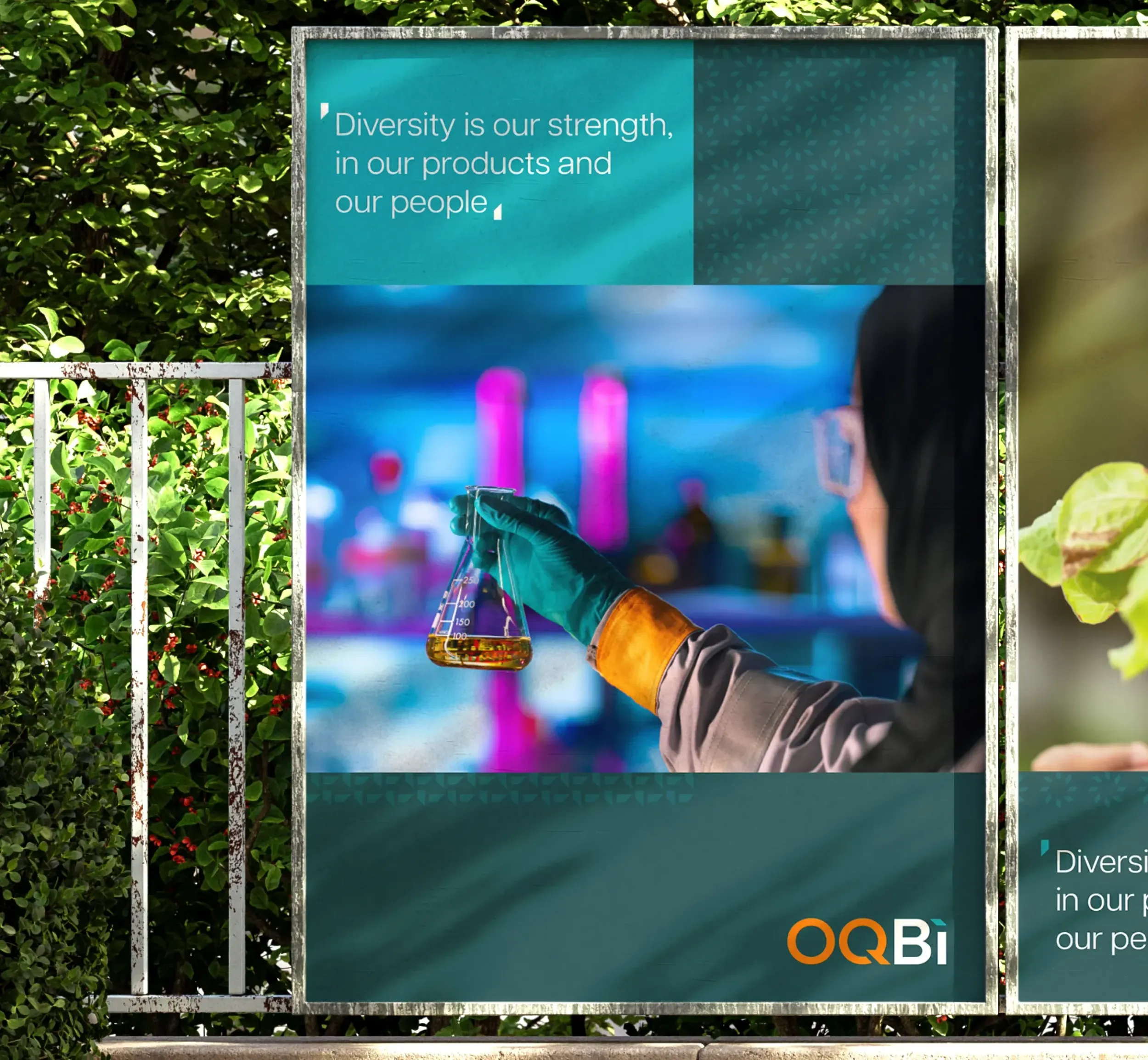 Multi-panel outdoor display for OQBi with quotes on diversity and images of a flask and plant sprout. Skyne, a creative agency, develops comprehensive branding for socially responsible businesses in Dubai, Riyadh, and Jeddah.