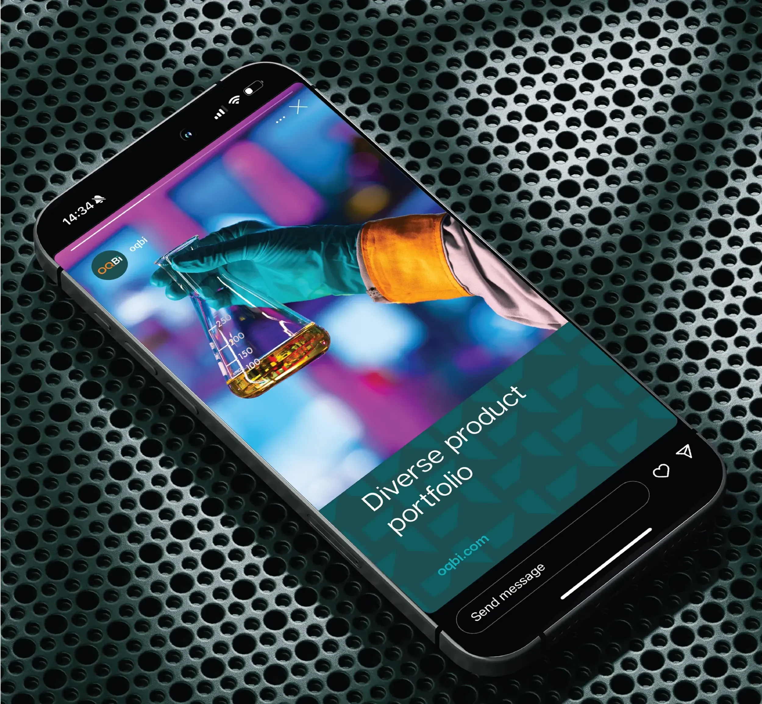 Smartphone displaying OQBi social media post with a gloved hand holding a flask. Skyne, a creative agency, develops engaging social media strategies for energy and materials companies in Dubai, Riyadh, and Jeddah.