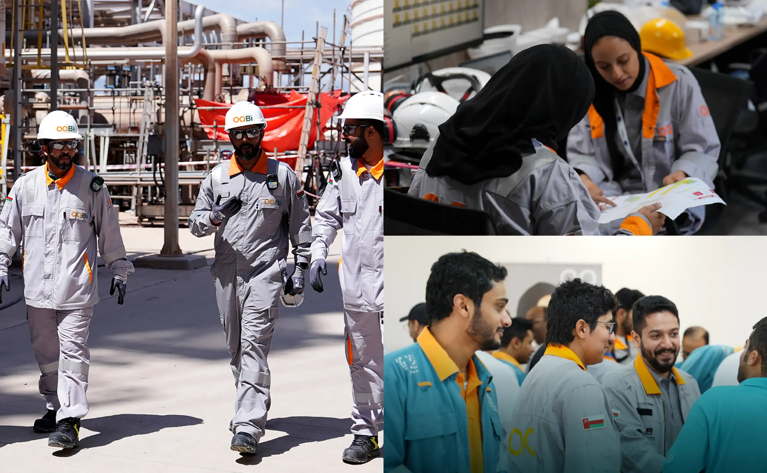 Multi-panel image of OQBi employees in industrial and office settings, highlighting collaborative environment. Skyne focuses on internal branding and employee engagement strategies for industrial clients in Dubai, Riyadh, and Jeddah.