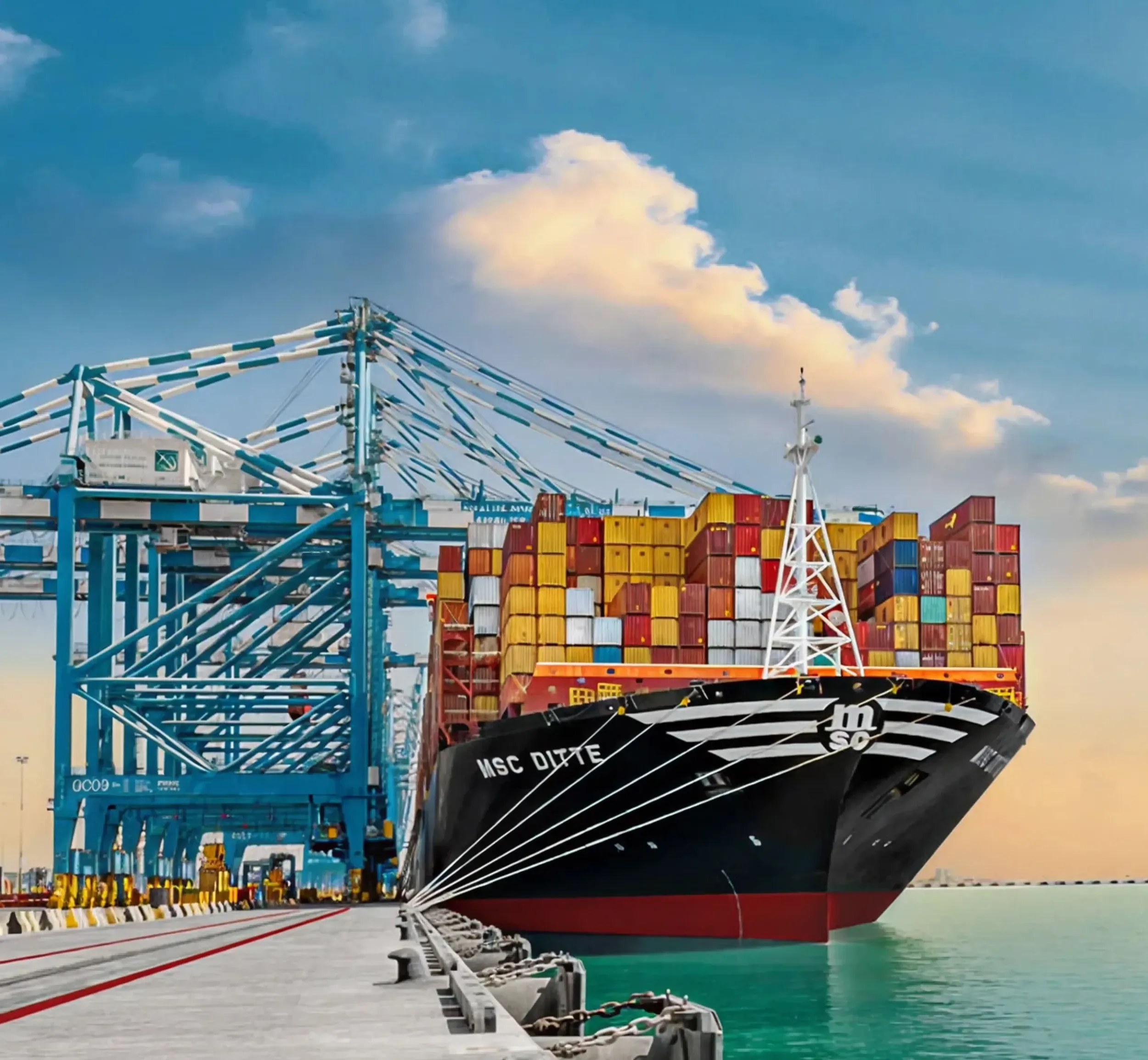 Close-up of Khalifa Port Container Terminal Visitor Center brochure with blue geometric design. Skyne specializes in graphic design and packaging design for marketing materials in Dubai, Riyadh, and Jeddah.