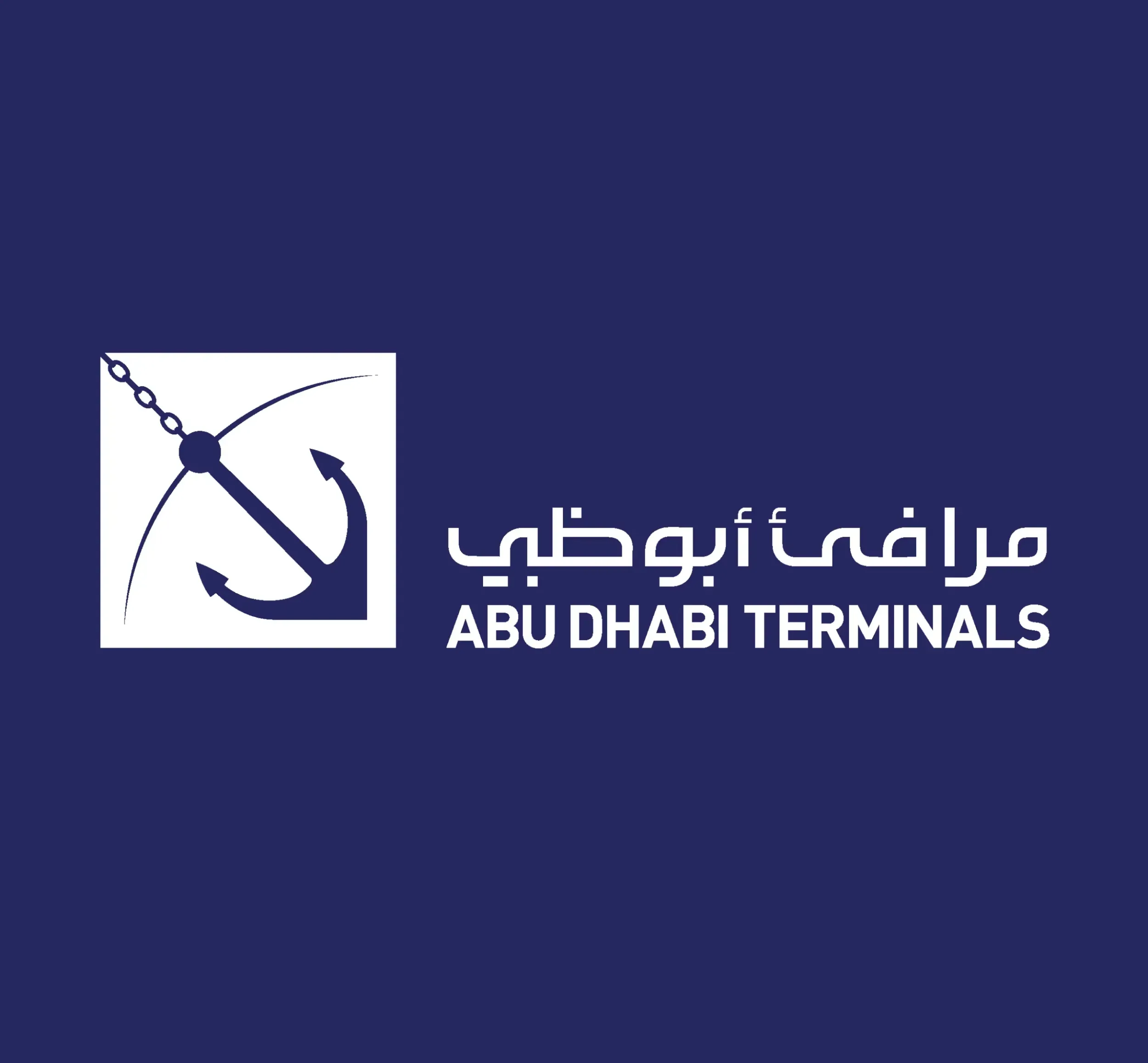  Abu Dhabi Terminals logo, a white anchor design with Arabic and English text on a dark blue background. Skyne, a branding agency, specializes in logo design and corporate identity for businesses in Dubai, Riyadh, and Jeddah.
