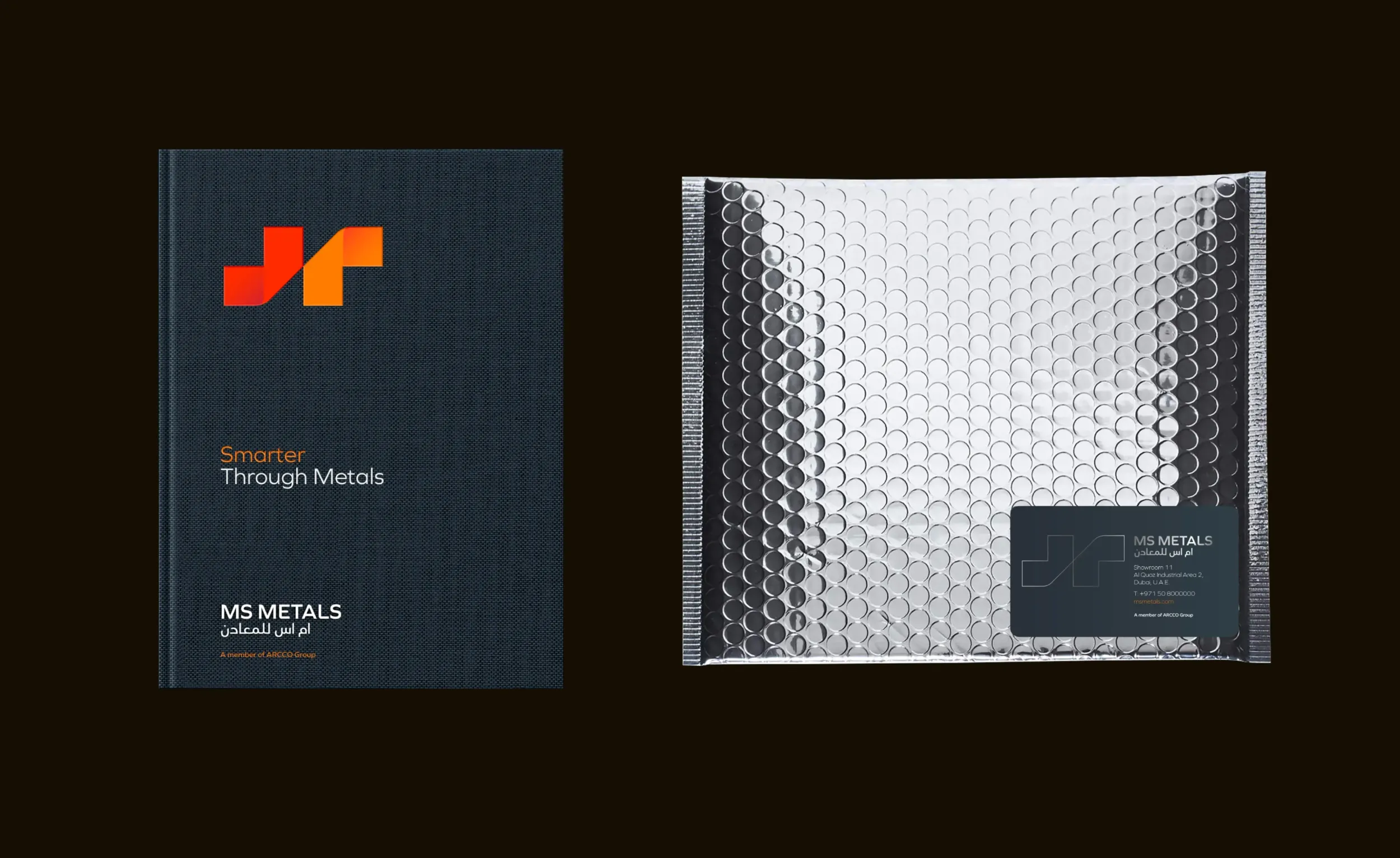 MS Metals branded book and padded envelope, highlighting corporate branding materials and comprehensive solutions by Skyne, a creative agency.