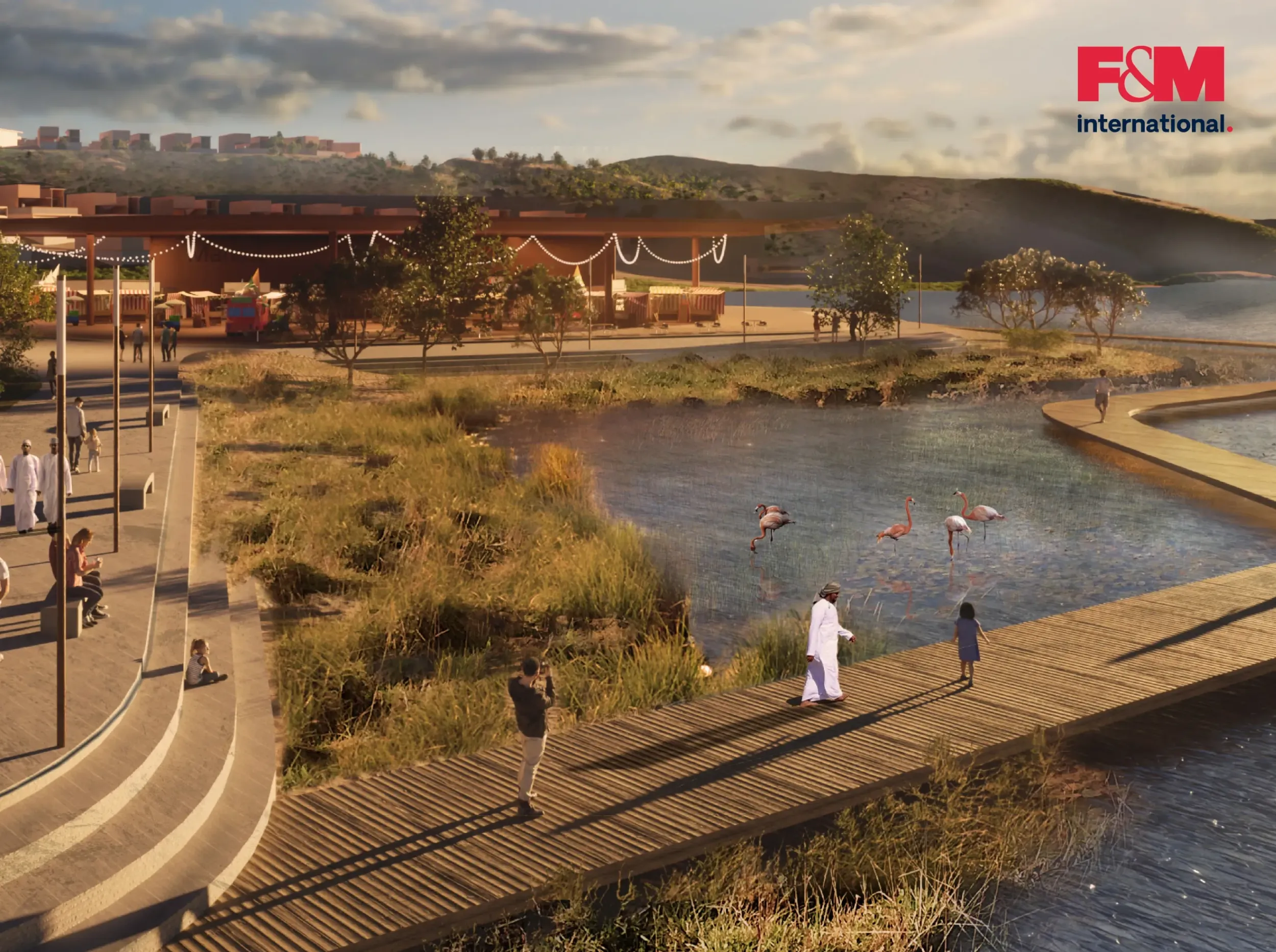 Architectural visualization by FSM International showing a riverside boardwalk with people walking, flamingos in the water, and modern buildings in the background.