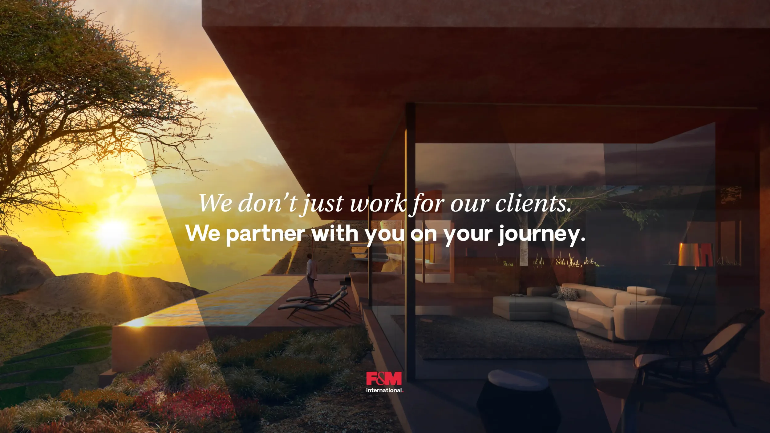 Luxurious modern home with a view of sunset, emphasizing F&M International's high-end projects. Skyne, a creative agency, positioned F&M as a trusted partner. 
