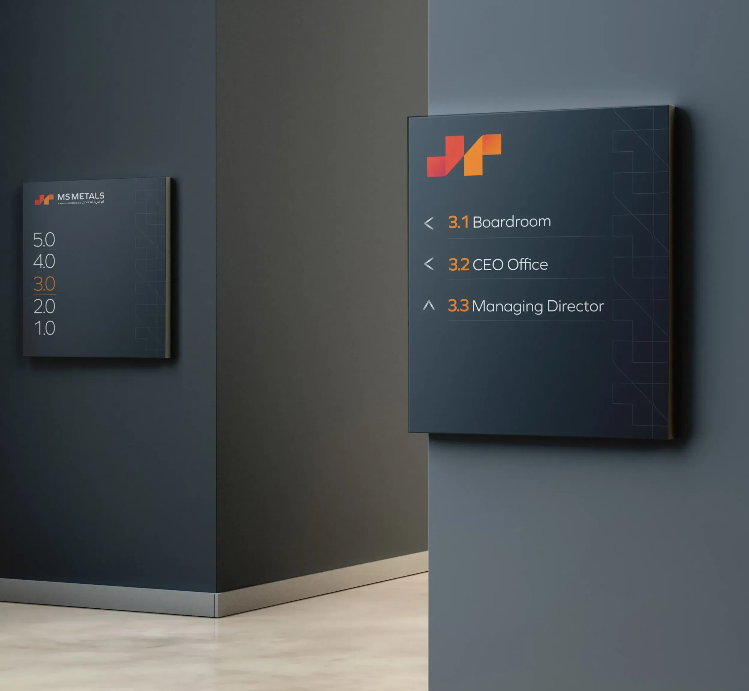 Interior signs for MS Metals, demonstrating new branding in wayfinding and comprehensive services by Skyne, a creative agency.