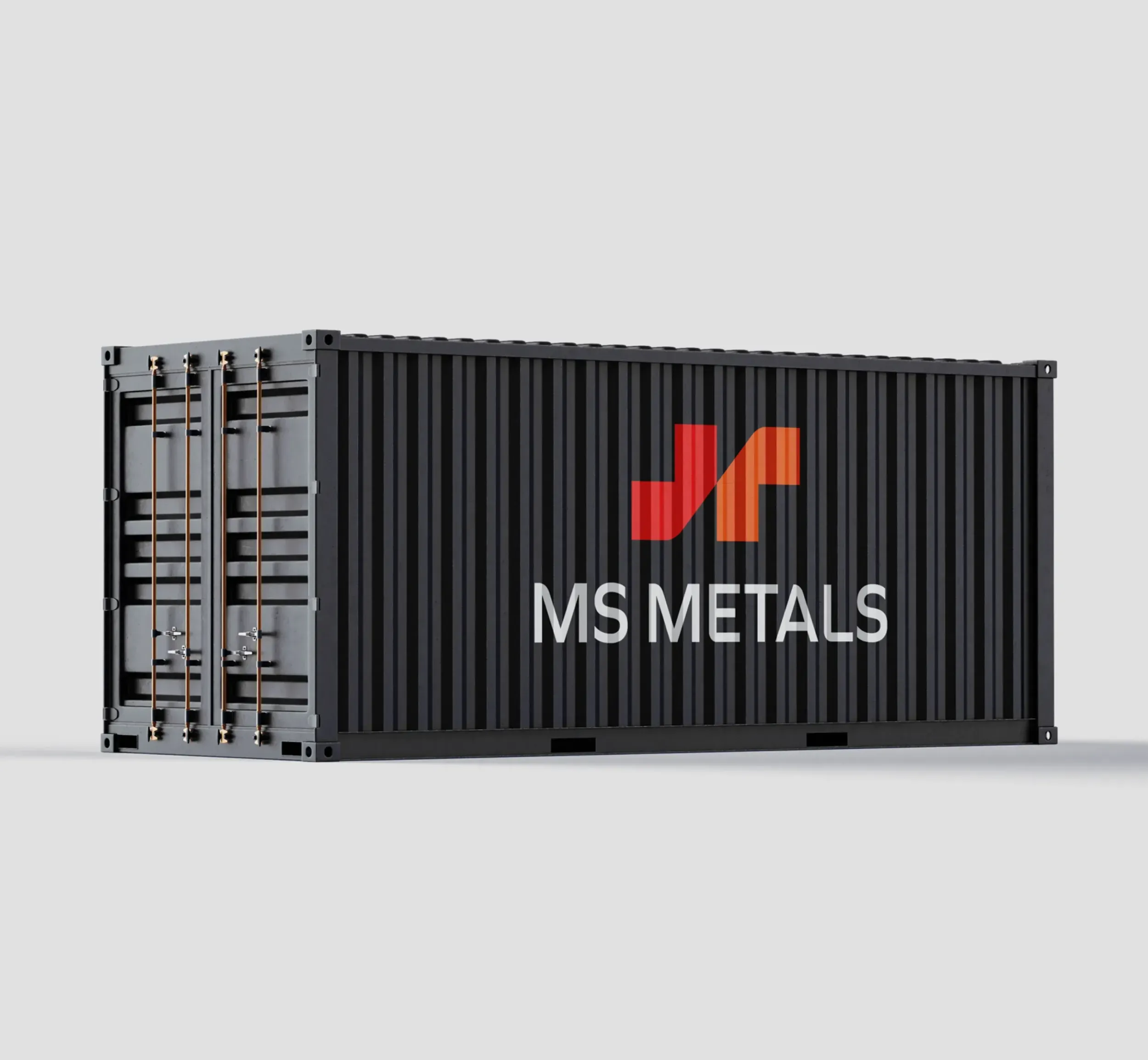 Black shipping container with MS Metals logo, illustrating industrial logistics and global reach, effectively branded by Skyne, a branding agency in Riyadh and Jeddah.