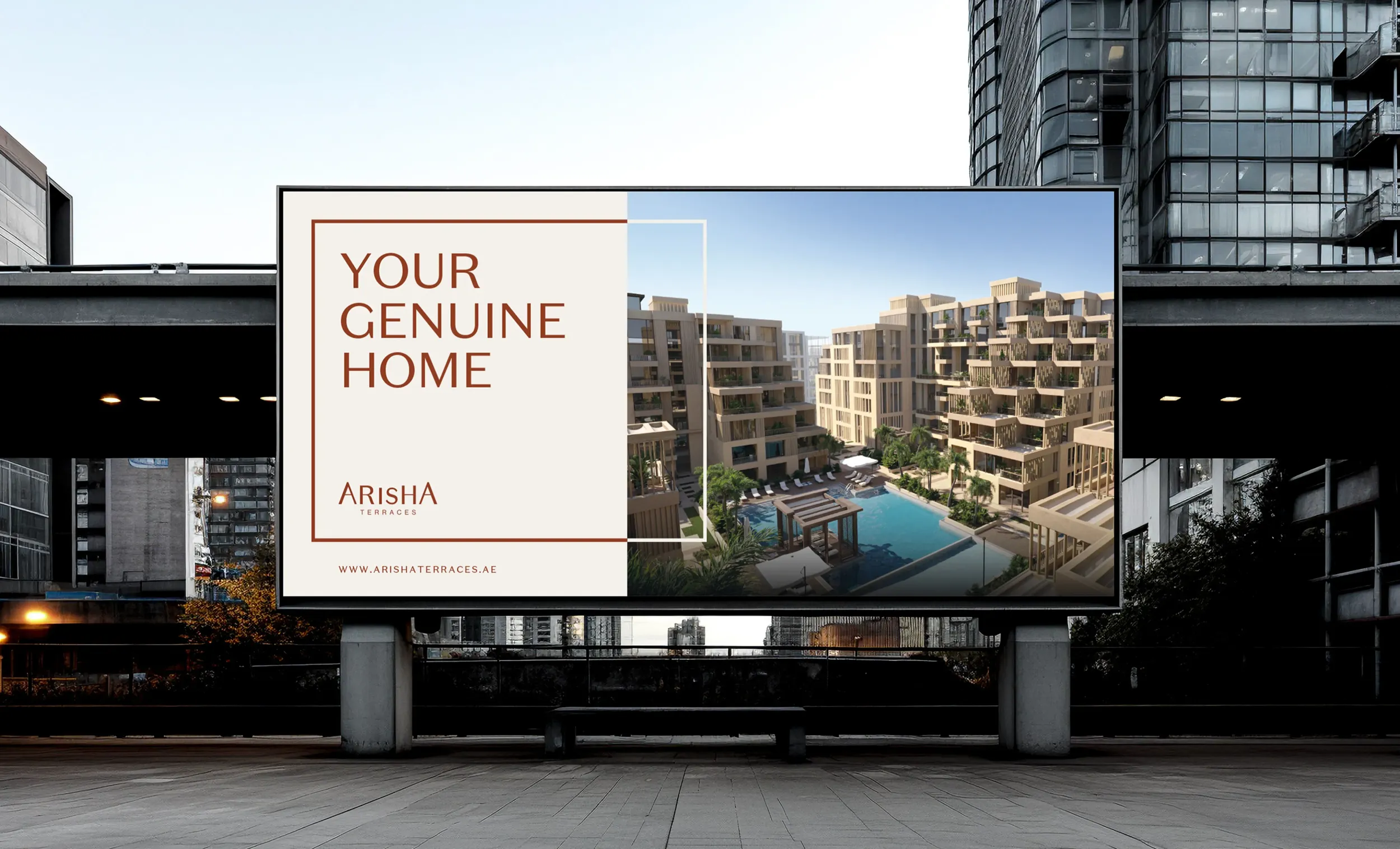 Large billboard advertising Arisha Terraces with tagline "YOUR GENUINE HOME" and residential complex image. Skyne excels in outdoor advertising and brand promotion for real estate in Dubai, Riyadh, and Jeddah.