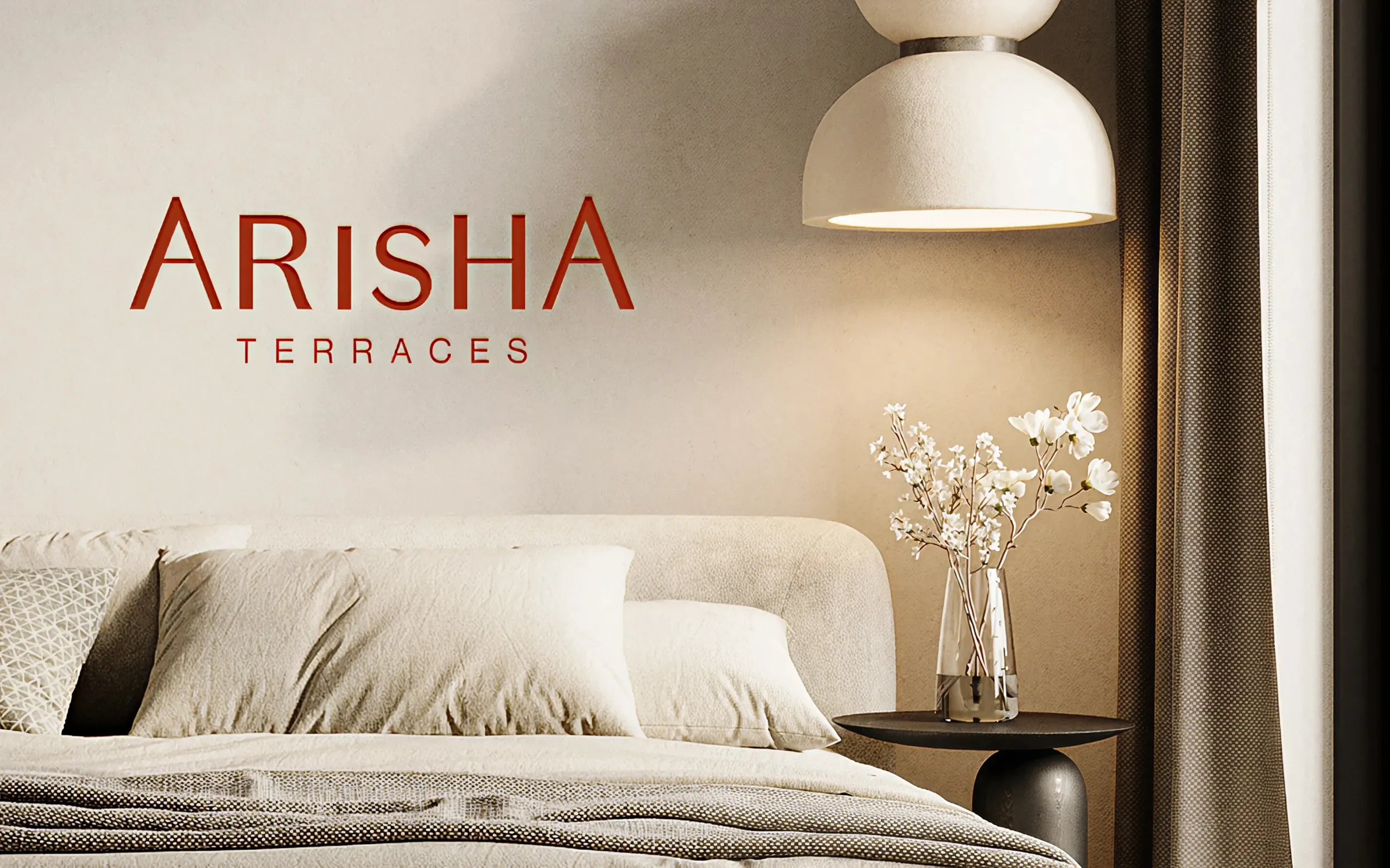 Modern bedroom interior with Arisha Terraces logo on the wall, showcasing sophisticated living. Skyne, a branding agency, specializes in creative branding and interior design for real estate developments in Dubai, Riyadh, and Jeddah.