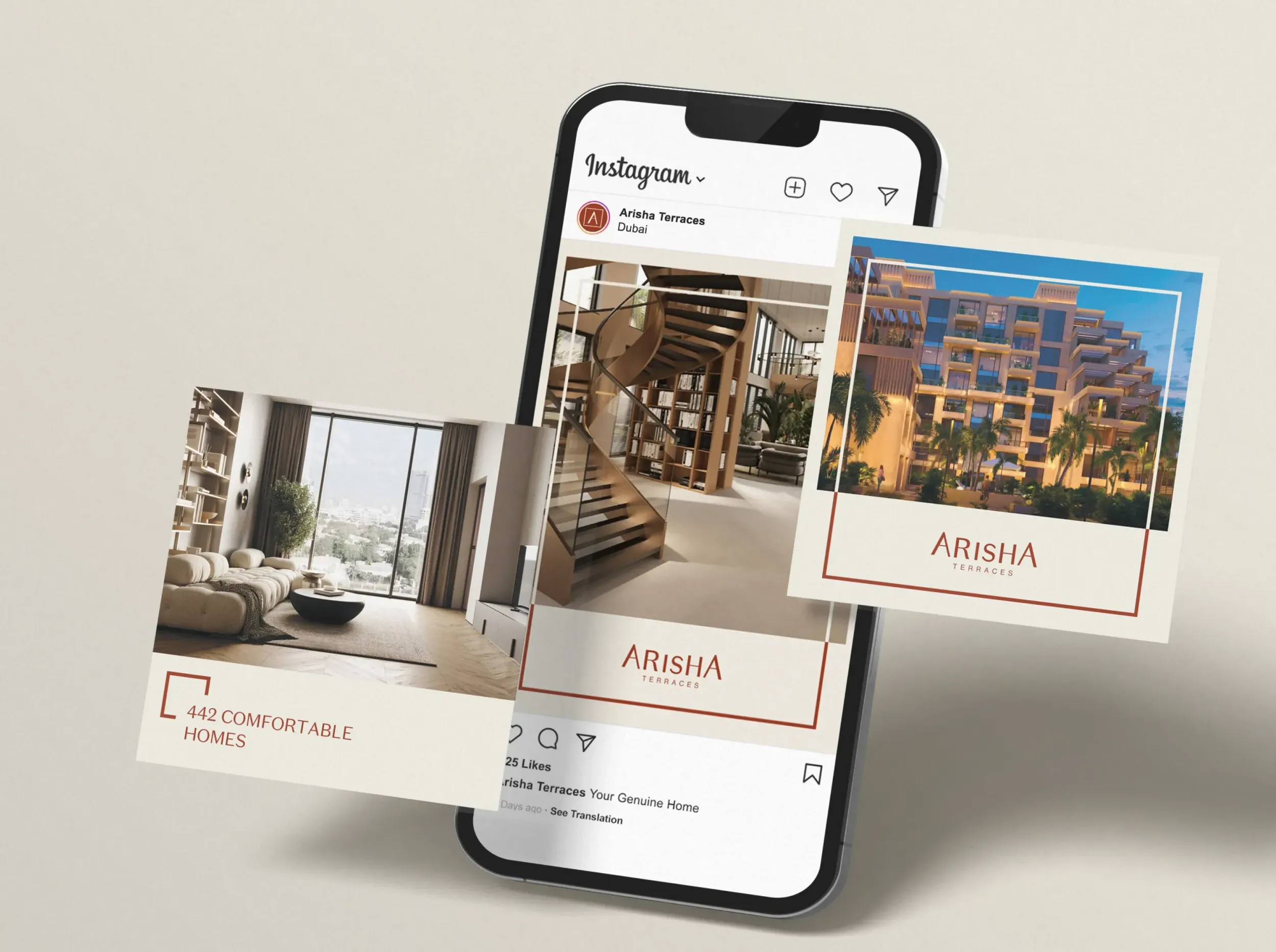 Smartphone displaying Arisha Terraces Instagram profile and physical marketing materials. Skyne delivers integrated branding solutions for real estate in Dubai, Riyadh, and Jeddah.