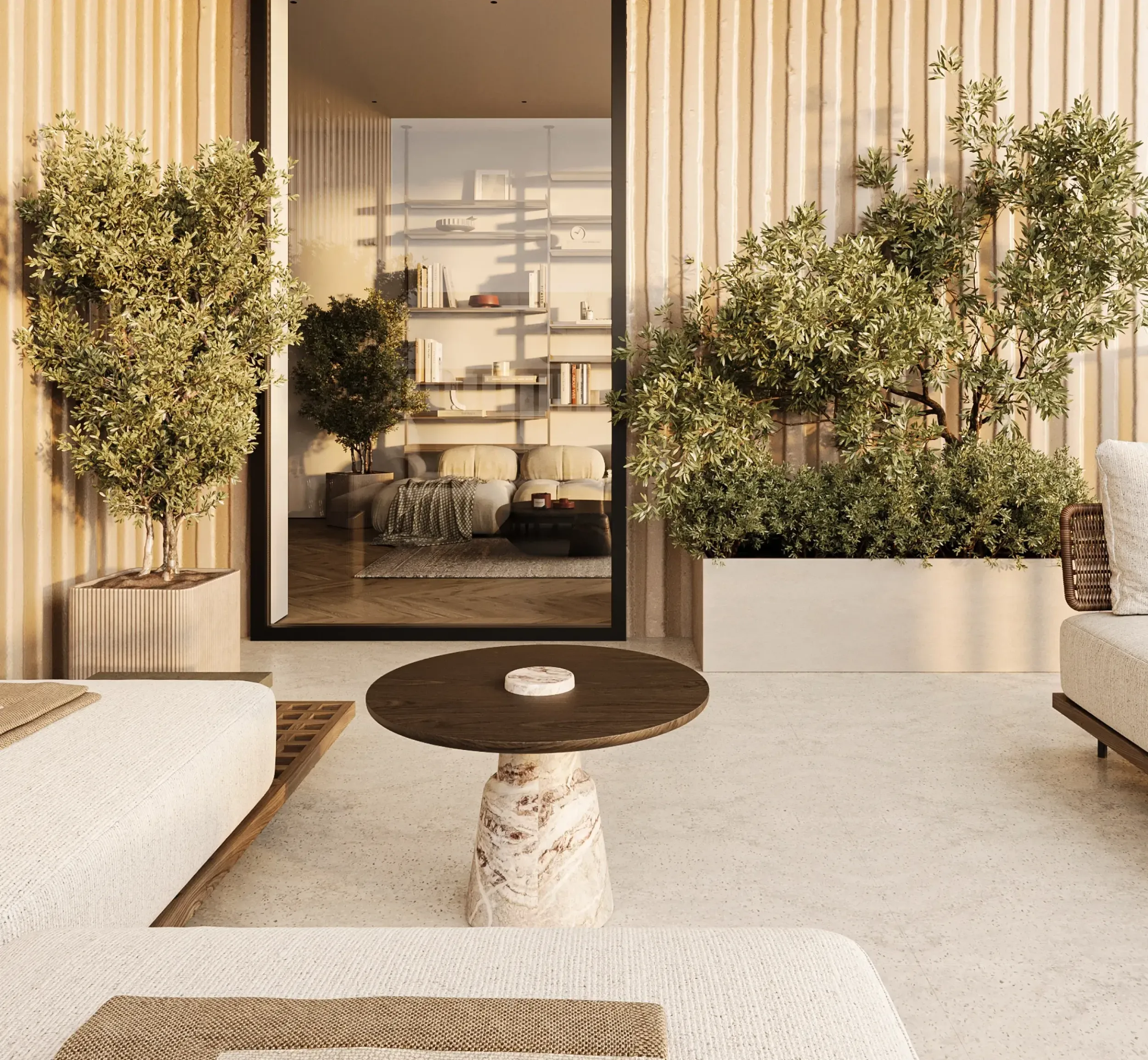 Spacious outdoor terrace with comfortable seating and potted plants. Skyne, a creative agency, focuses on lifestyle branding and authentic living experiences for real estate