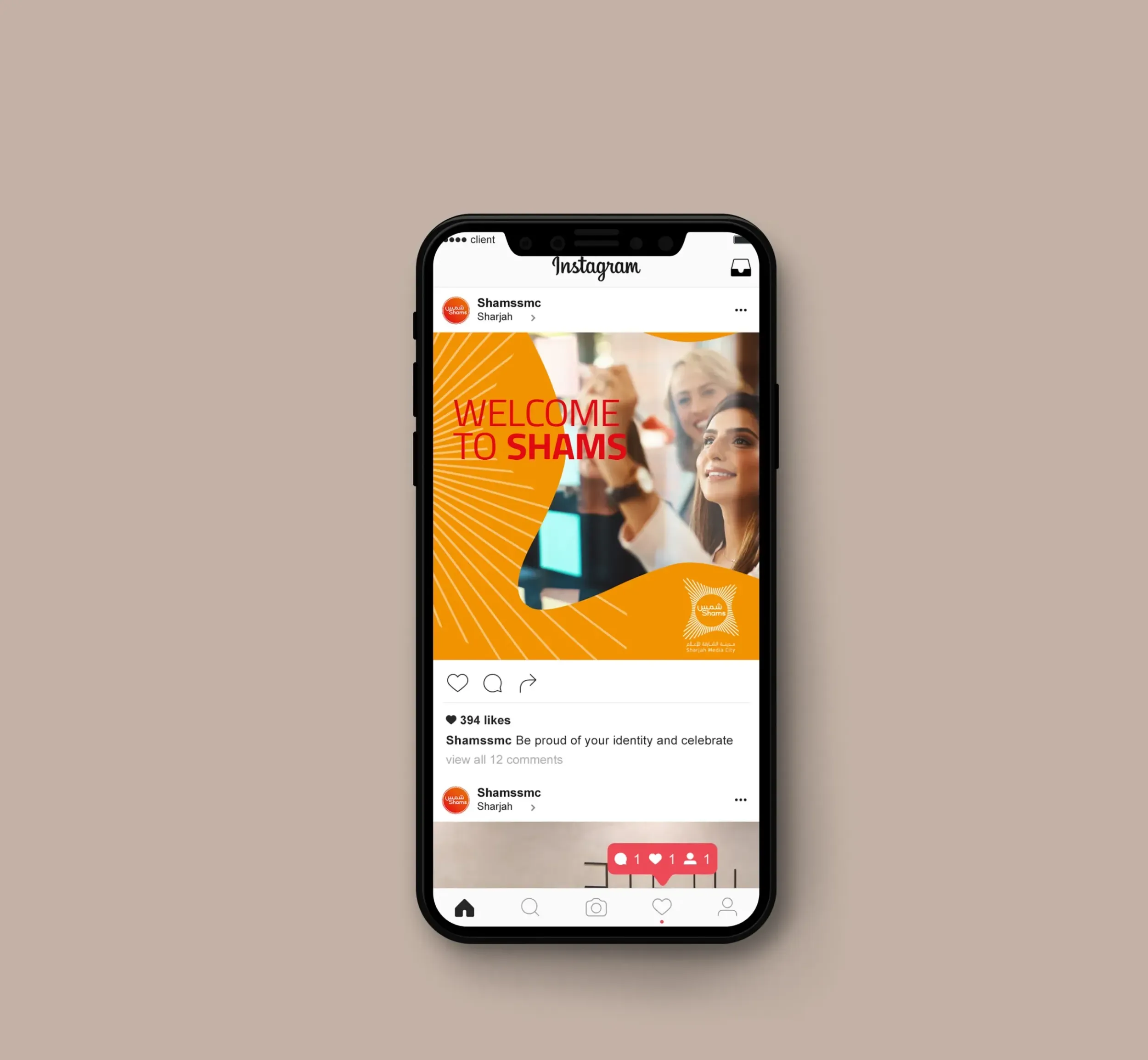 Smartphone displaying a Shams Instagram post with the text 'Welcome to Shams' and smiling people in a business setting