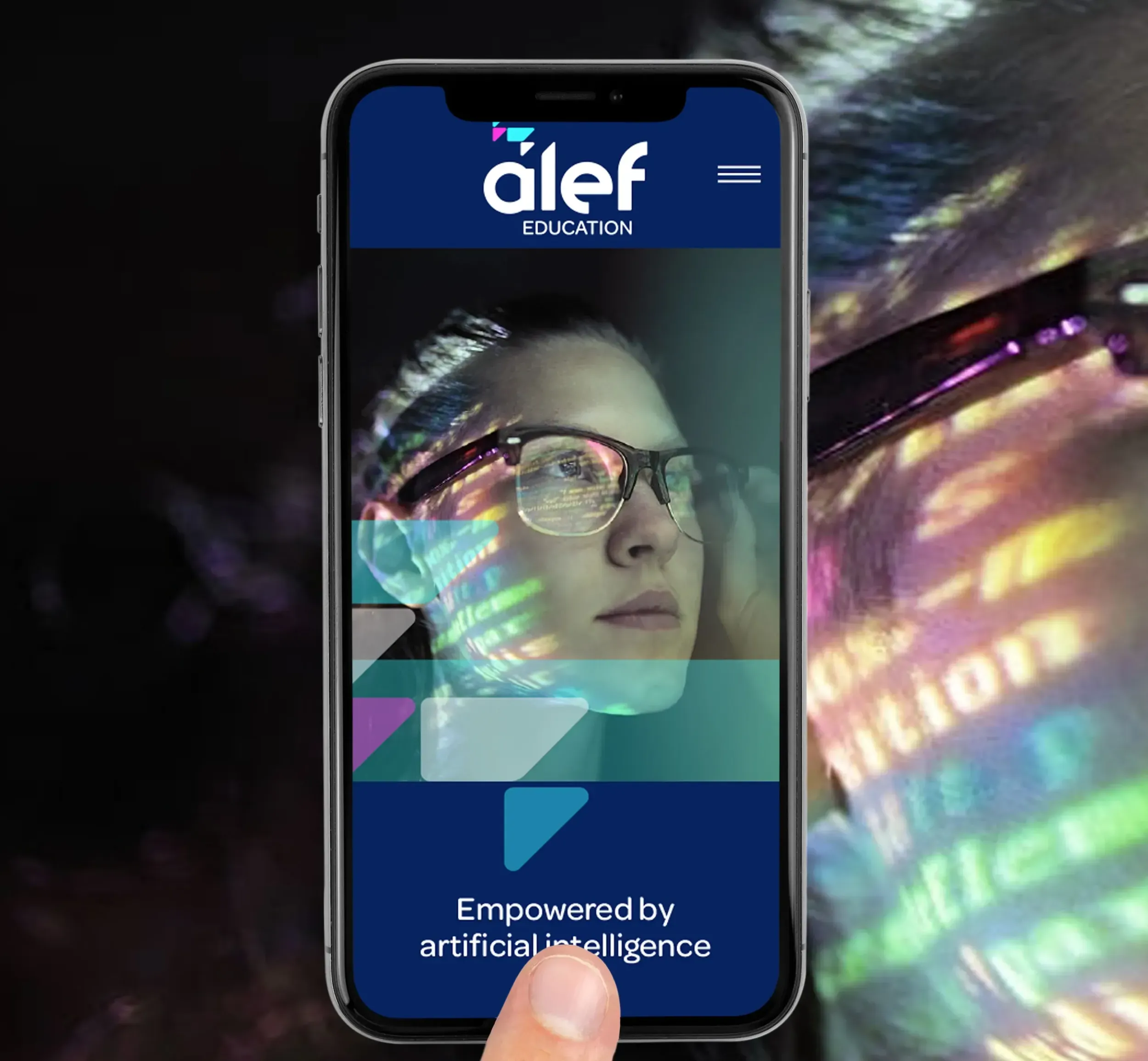 A smartphone displaying the Alef Education mobile application, with a student's reflection and data streams, emphasizing the AI-powered personalized learning experience and Skyne's role in branding for educational technology.