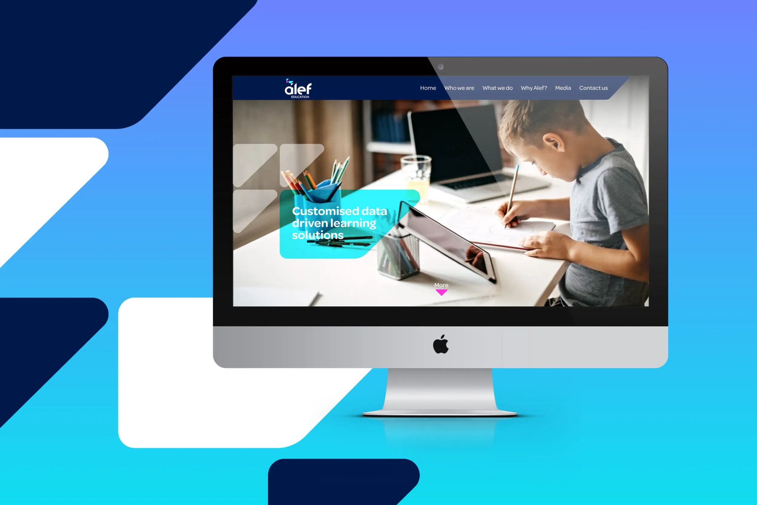 An Apple iMac displaying the Alef Education website, featuring a student learning, highlighting Skyne's expertise in web design and branding for educational technology platforms.