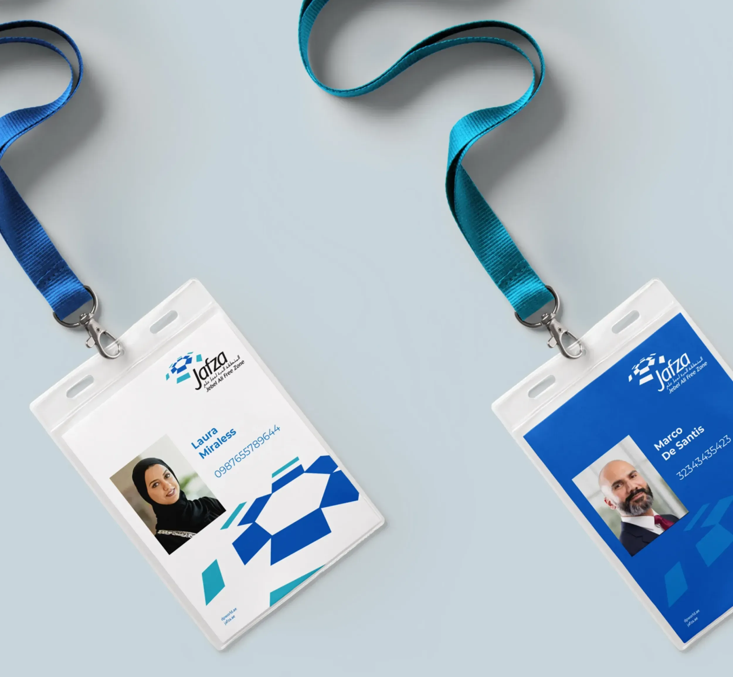 JAFZA branded ID cards with lanyards, featuring professional portraits, showcasing Skyne's expertise in comprehensive branding and identity solutions for businesses in Dubai, Riyadh, and Jeddah.