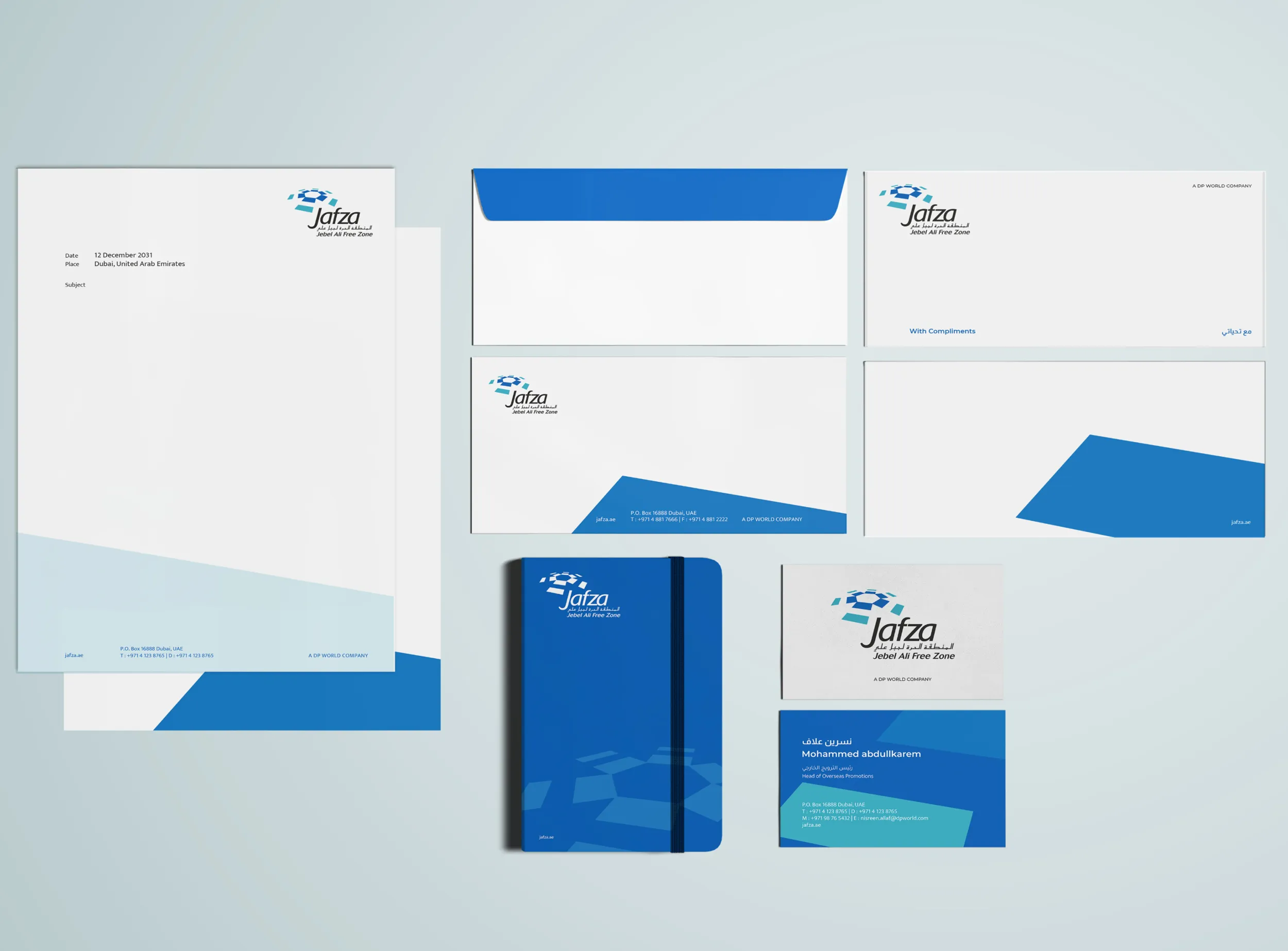 JAFZA branded stationery, including letterhead, envelope, and notebook, showcasing Skyne's meticulous branding and packaging design for corporate identity.