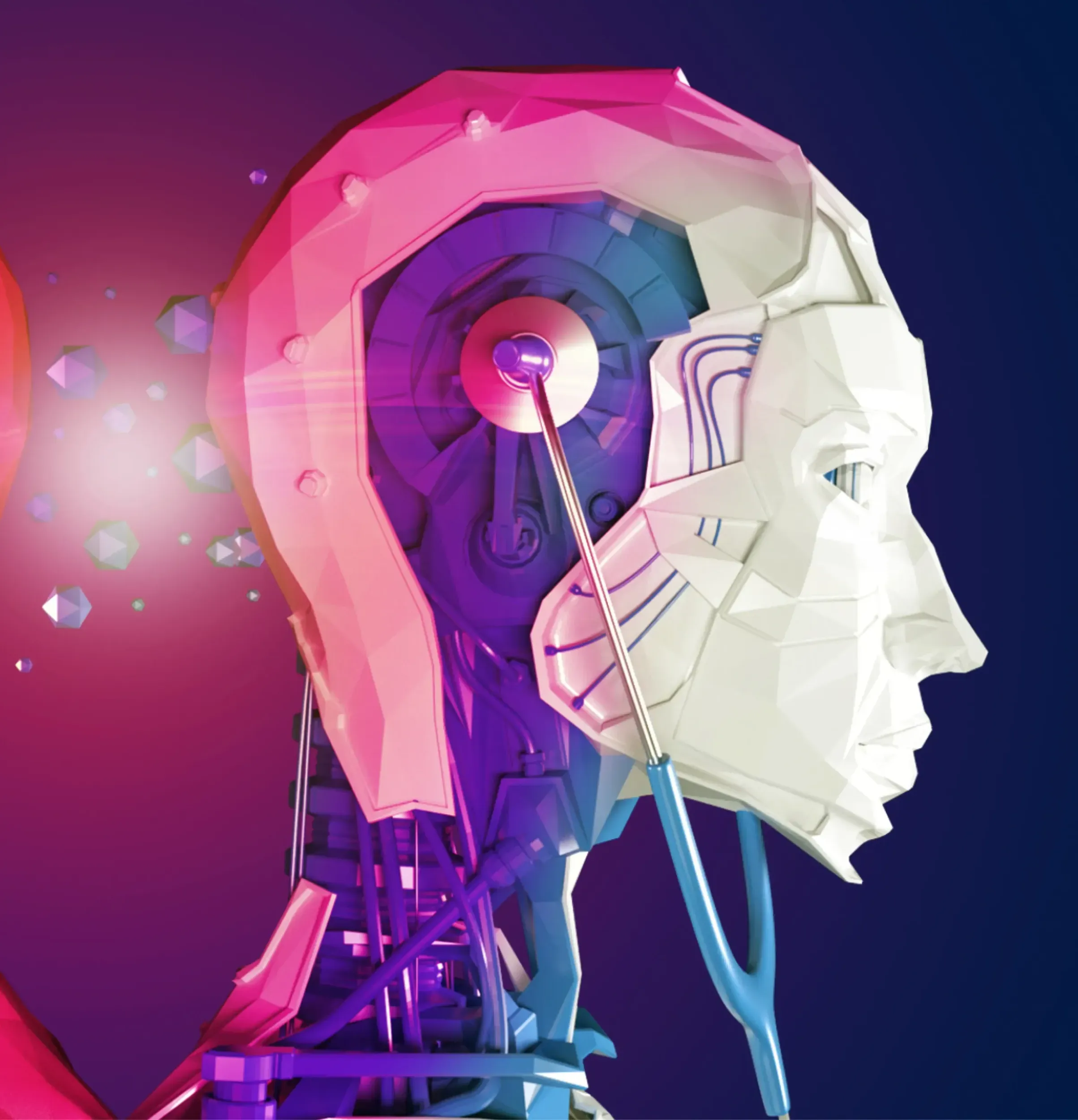 Skyne's artistic rendering for SAP, showcasing a stylized human head with intricate robotic elements, symbolizing advanced technological integration and digital innovation.