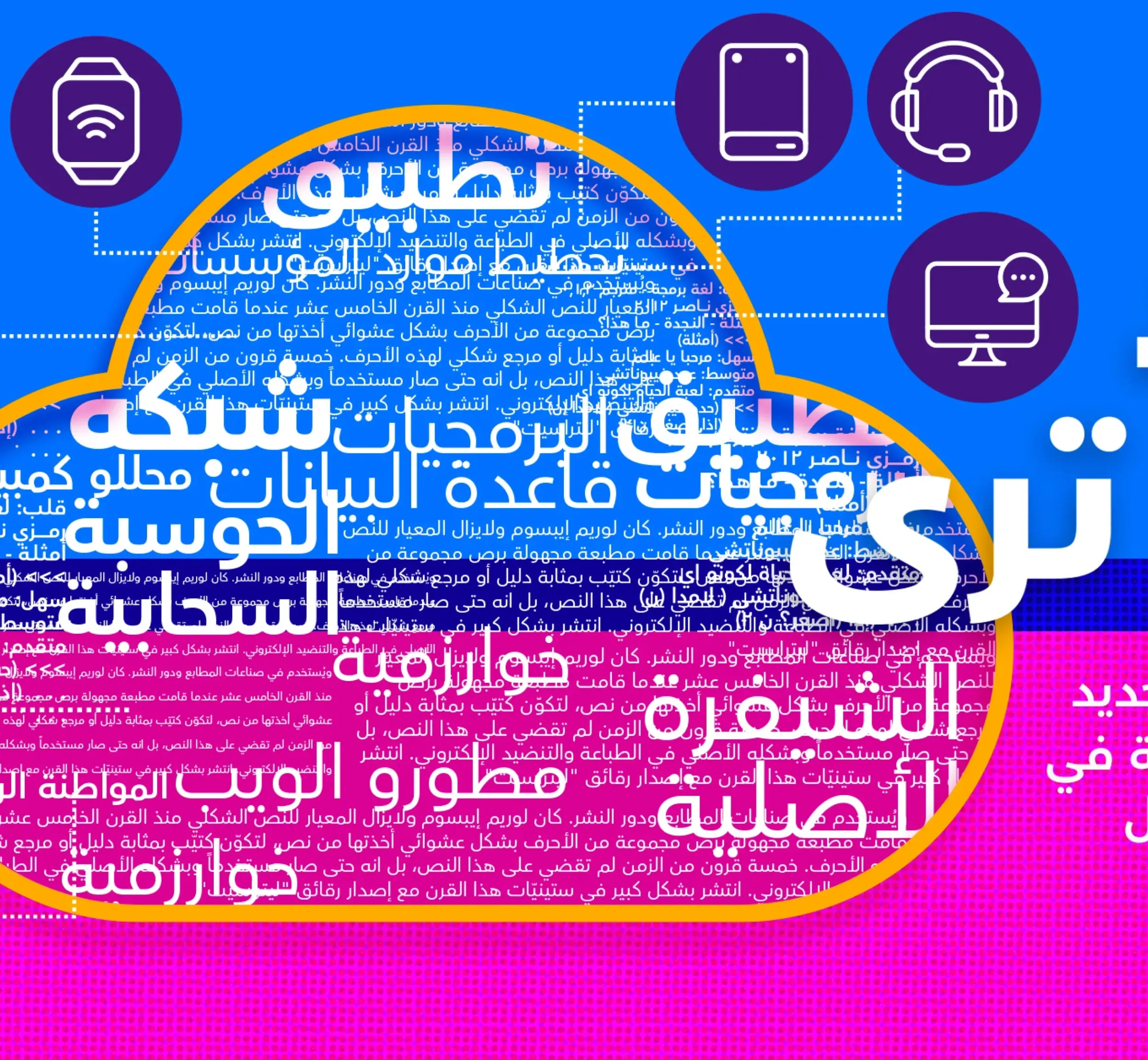Skyne's abstract design for SAP, featuring Arabic text overlaid with digital icons like smartwatches and headphones, representing seamless technological integration and connectivity in the Arabic-speaking market.