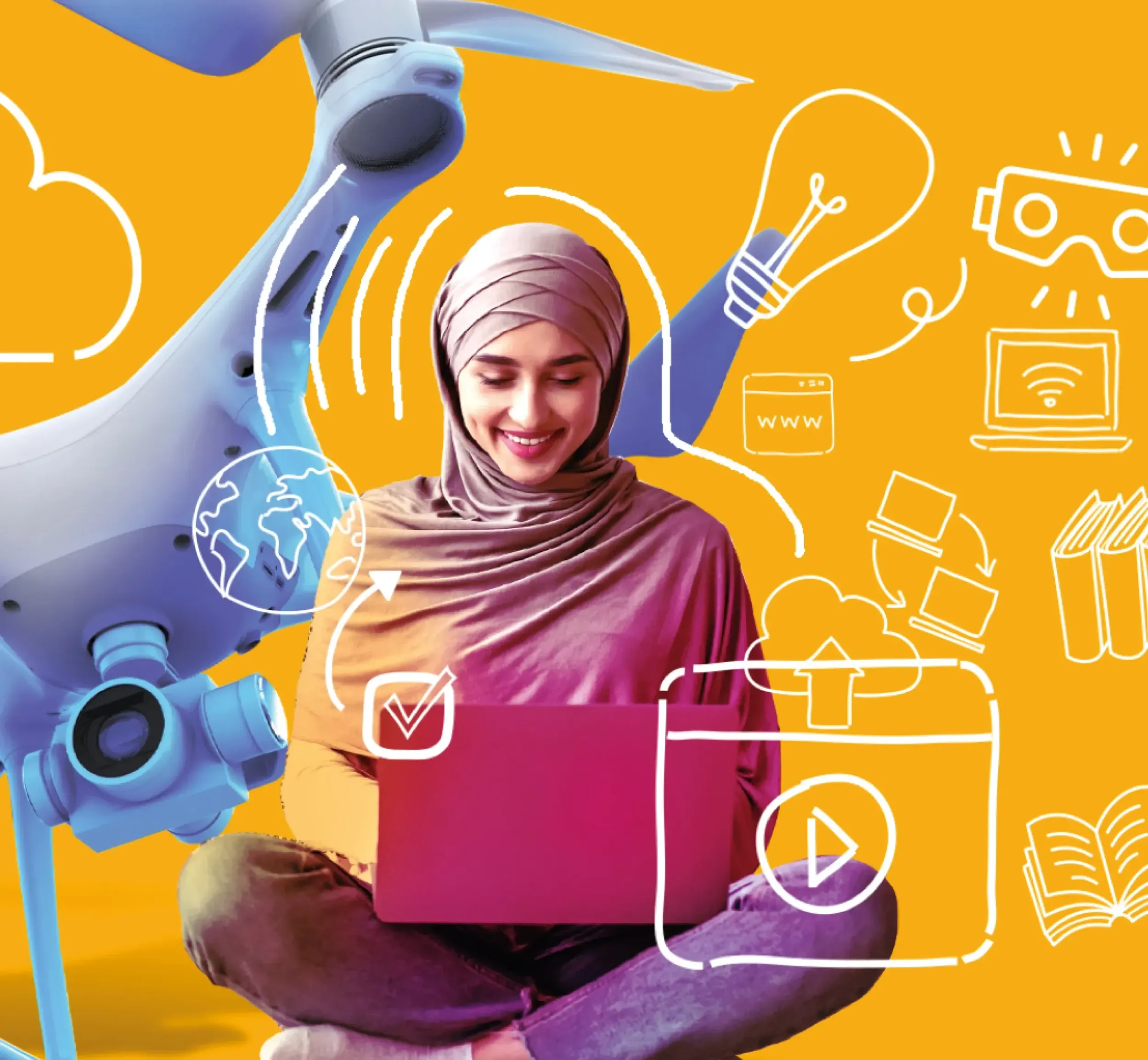 Skyne's modern illustration for SAP's campaign, showing a woman in a hijab using a laptop next to a drone, symbolizing technological empowerment and digital literacy in the MENA region.