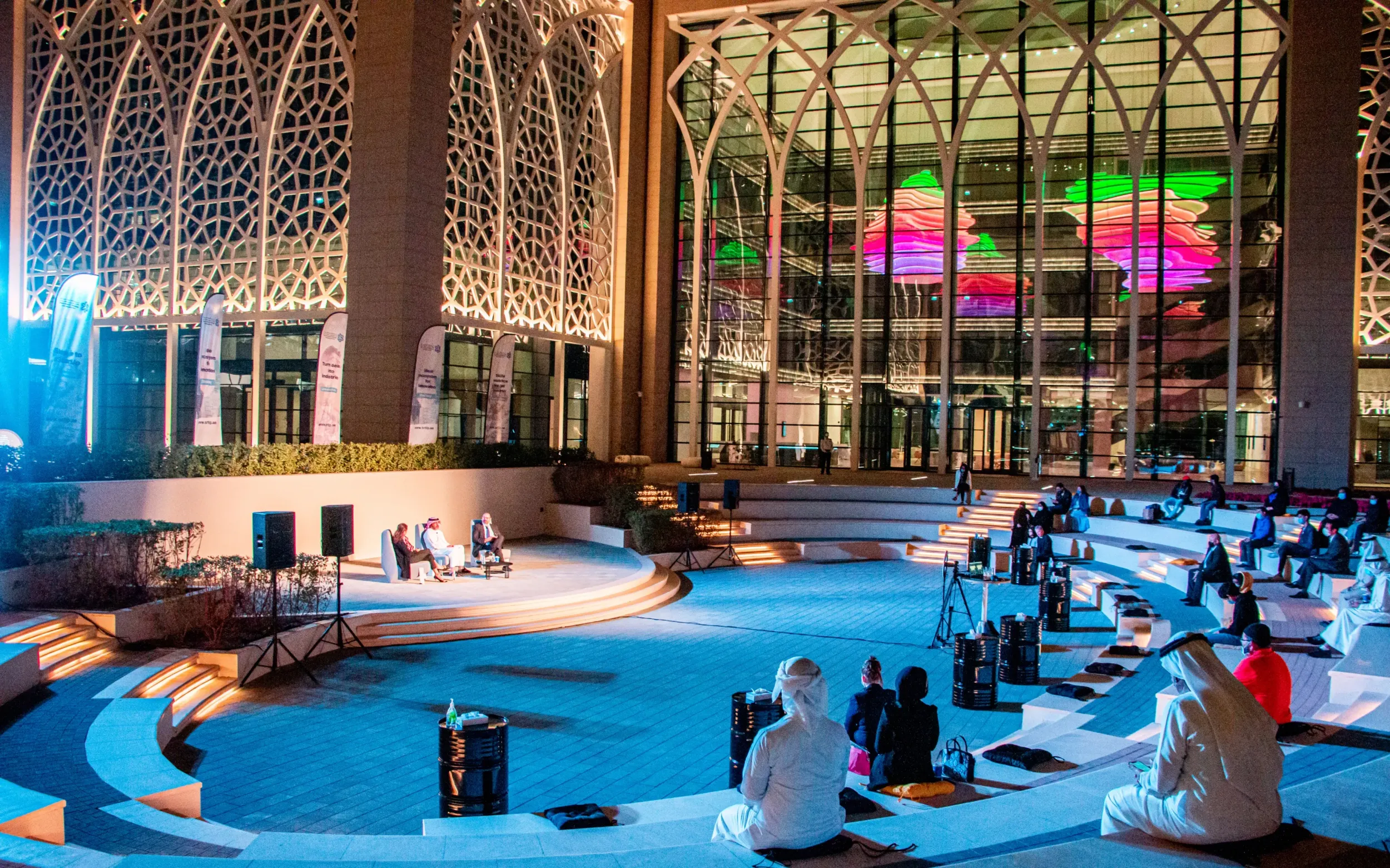 An evening event at the Sharjah Research Technology and Innovation Park, showcasing the modern and innovative space designed by Skyne branding agency.