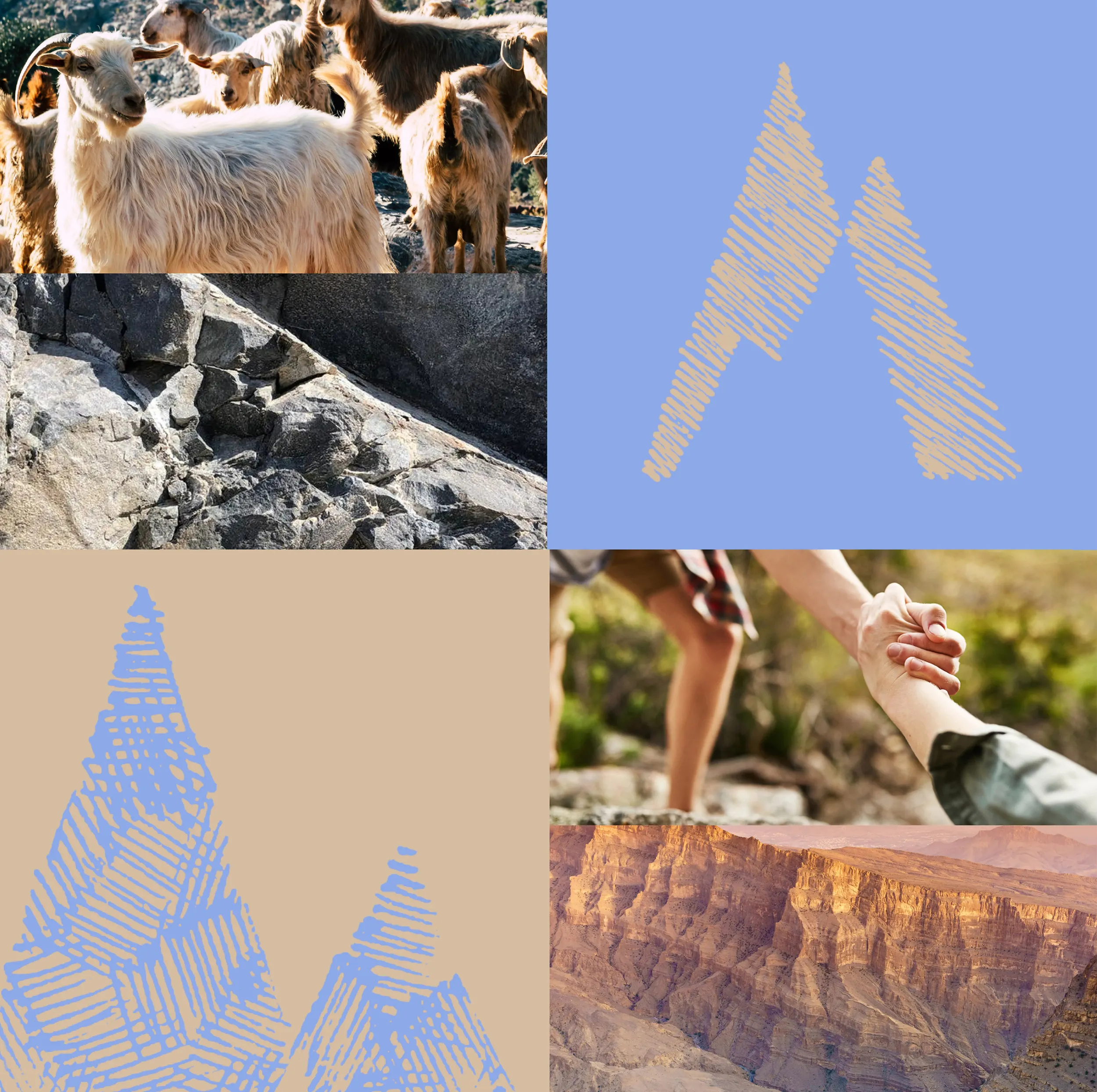 Collage of Naseem brand experience images: goats, rocky terrain, mountain illustrations, hikers, and landscape. This highlights diverse aspects of Naseem, reflecting Skyne's comprehensive branding and creative agency work.
