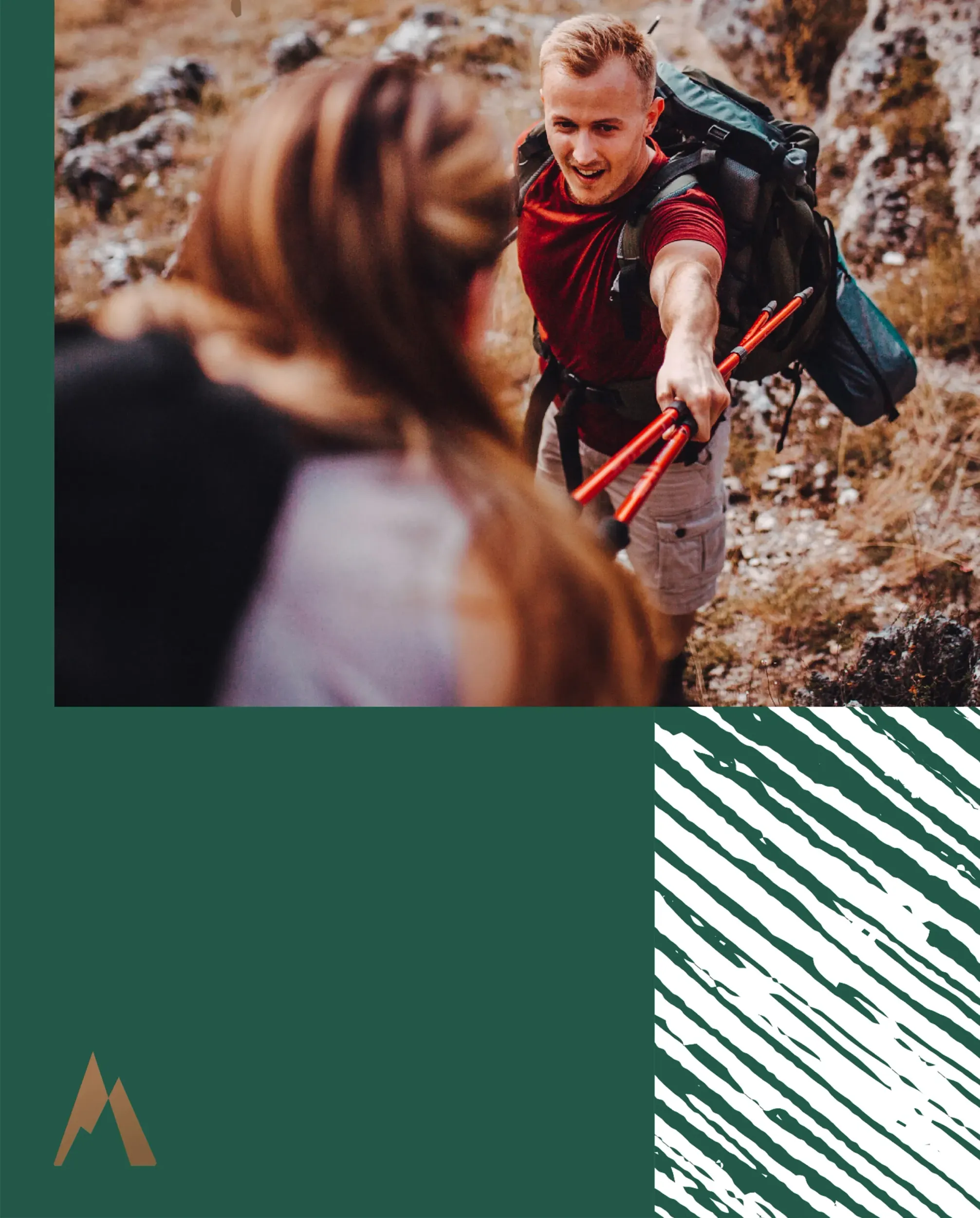 Male hiker helping female hiker, symbolizing assistance and shared adventure. Naseem logo subtly placed. This reinforces the family-friendly spirit, a result of Skyne's branding and creative agency work. 