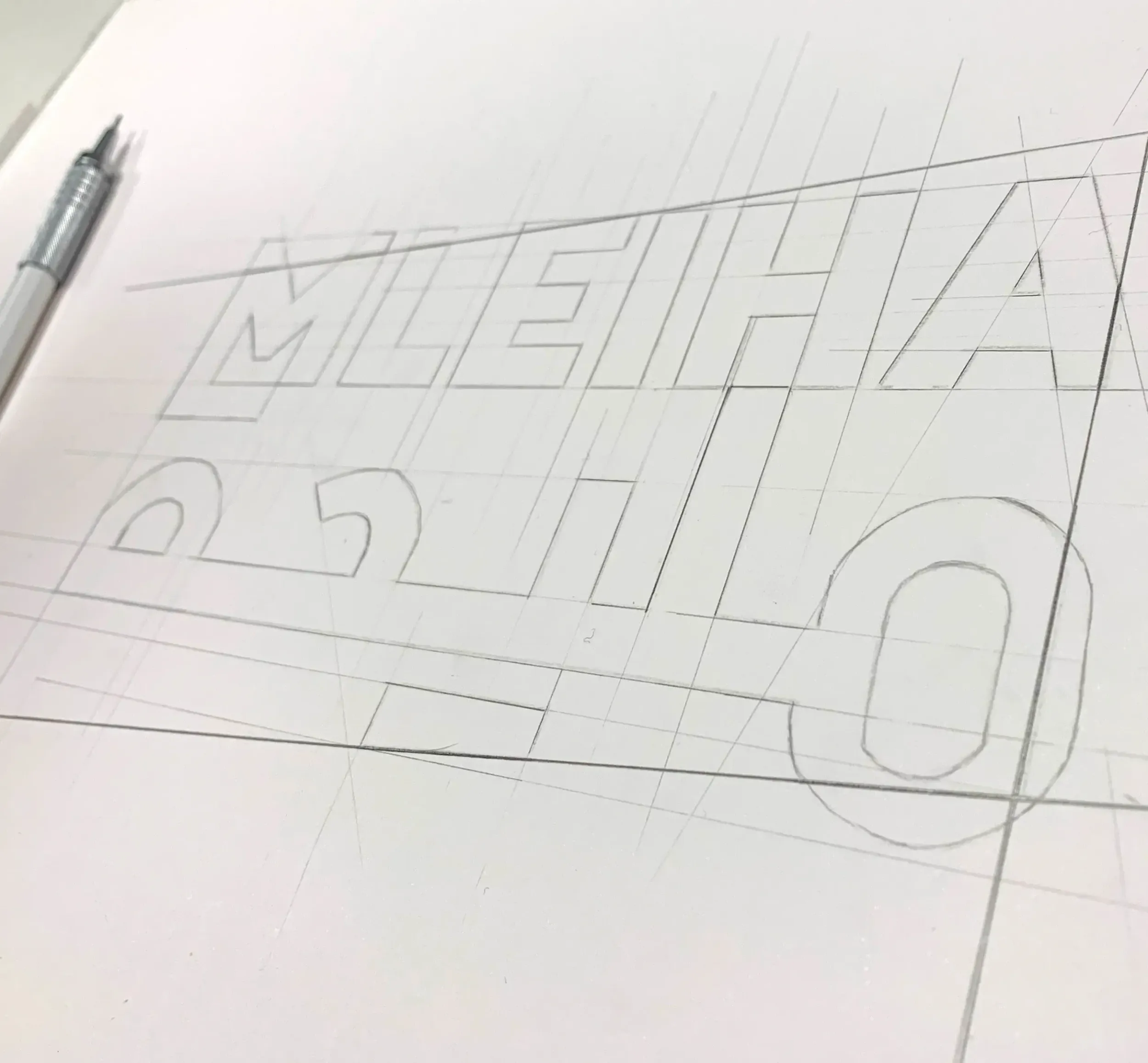 Skyne, a creative agency, showcases the initial design sketches for the Mleiha logo, illustrating the meticulous branding process behind this significant project.