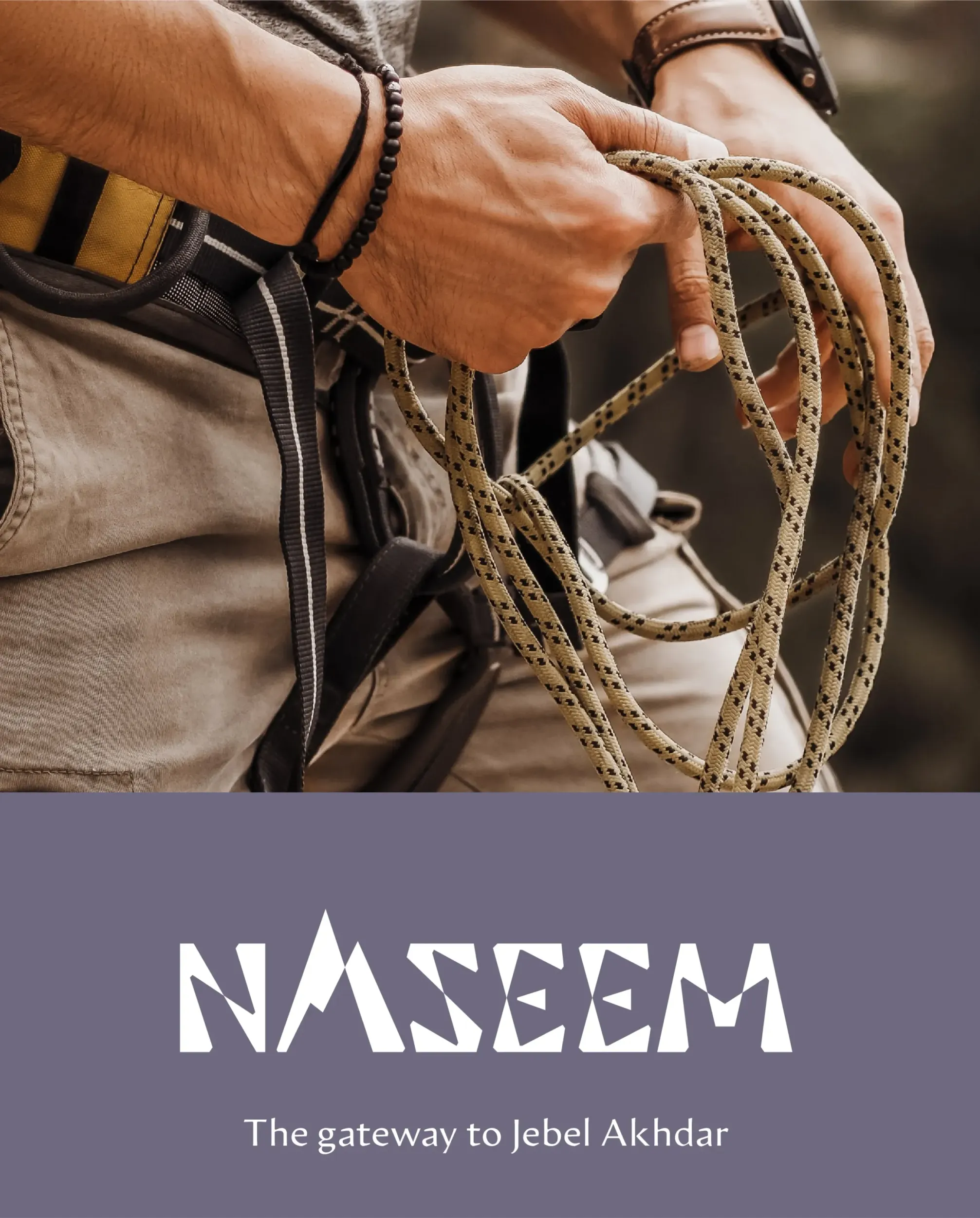 Close-up of a person with climbing harness and rope, with Naseem logo and tagline. This emphasizes adventure, reflecting Skyne's branding and creative agency work. 