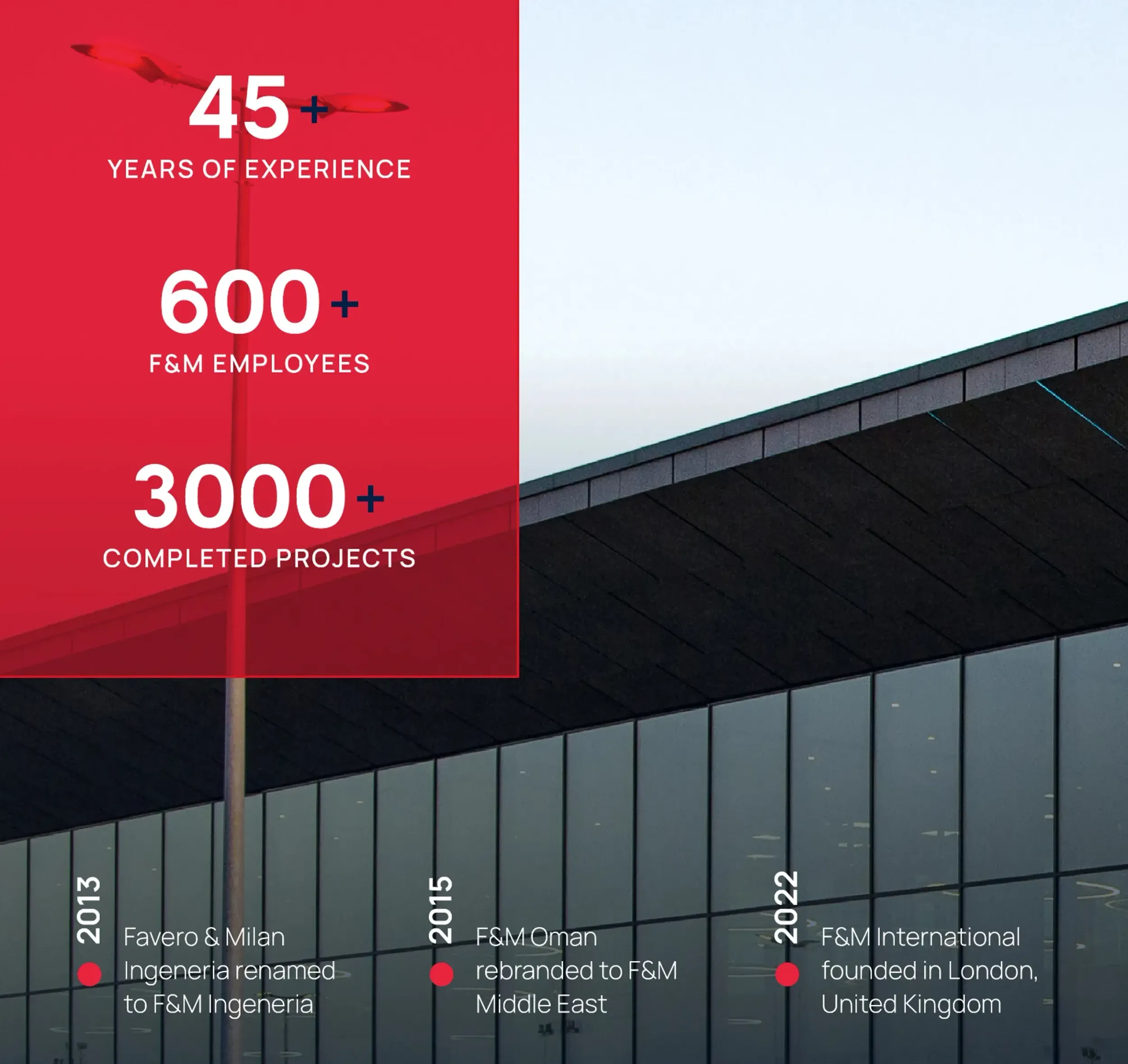 F&M International timeline and key statistics (45+ years experience, 600+ employees, 3000+ projects). Skyne, a branding agency, highlighted F&M's impressive track record. 