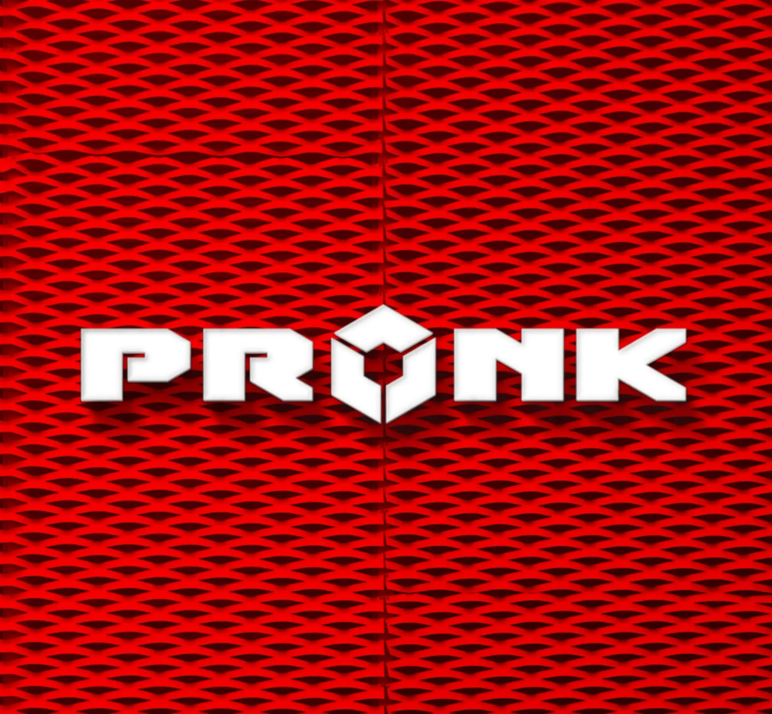 Pronk logo in bold white lettering on industrial red mesh background, visual identity by Skyne branding agency