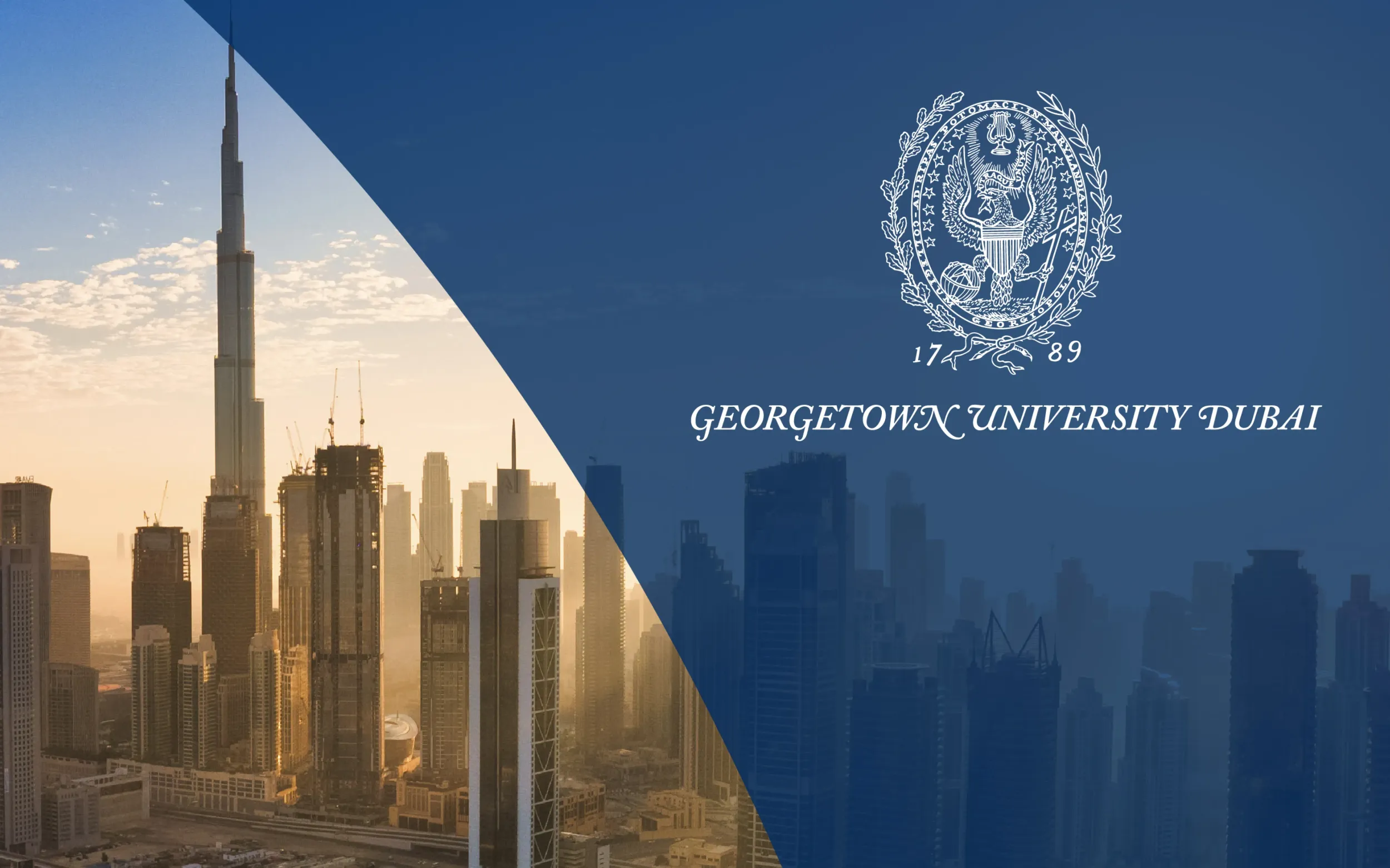 Georgetown University Dubai banner featuring the university logo. Skyne creates compelling visual narratives that connect global institutions with local landmarks for clients in Dubai, Riyadh, and Jeddah.