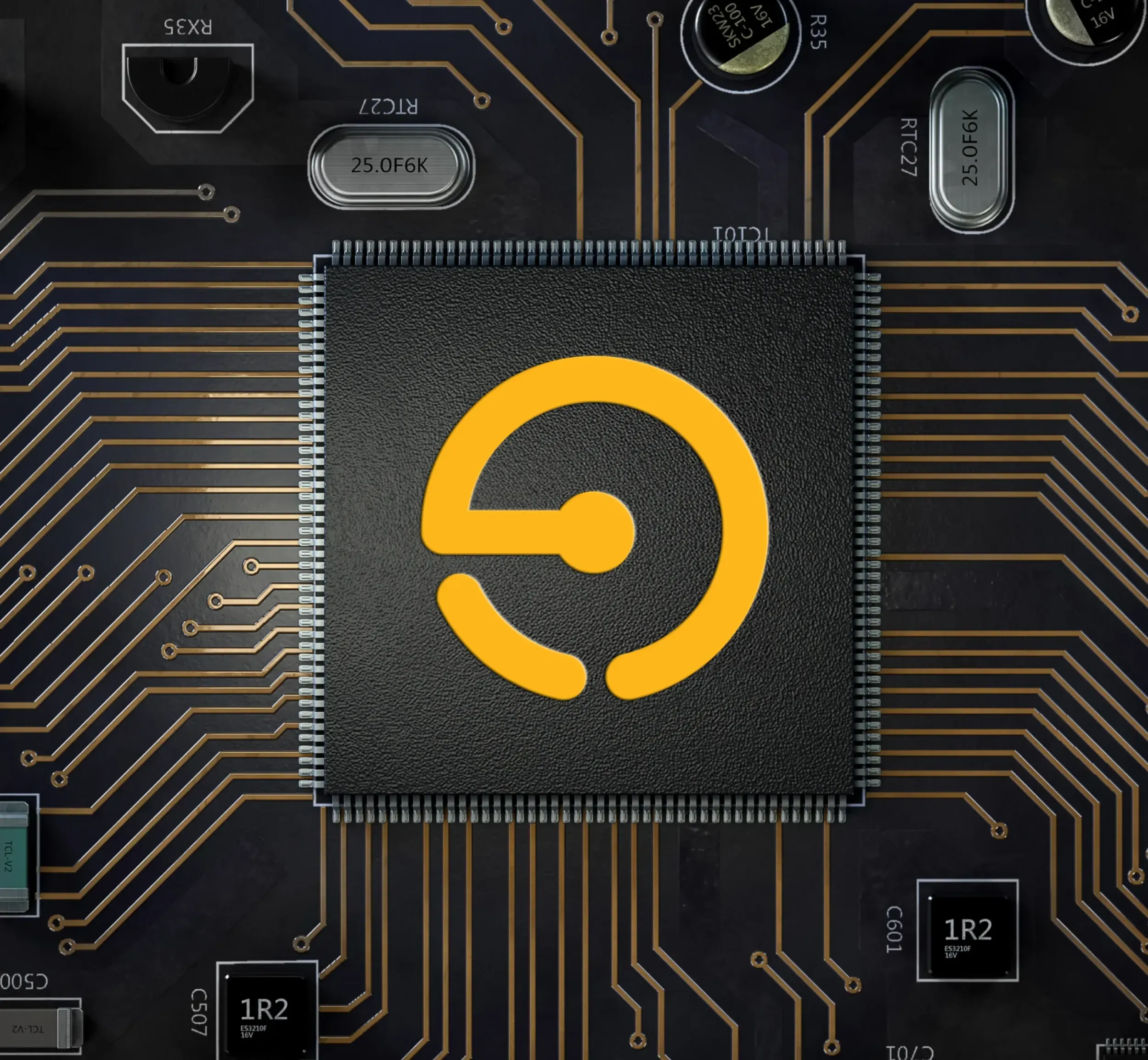 Close-up of microchip with Bestronics logo on a circuit board, highlighting brand’s connection to technology and detailed branding work by Skyne, a creative agency specializing in tech branding.
