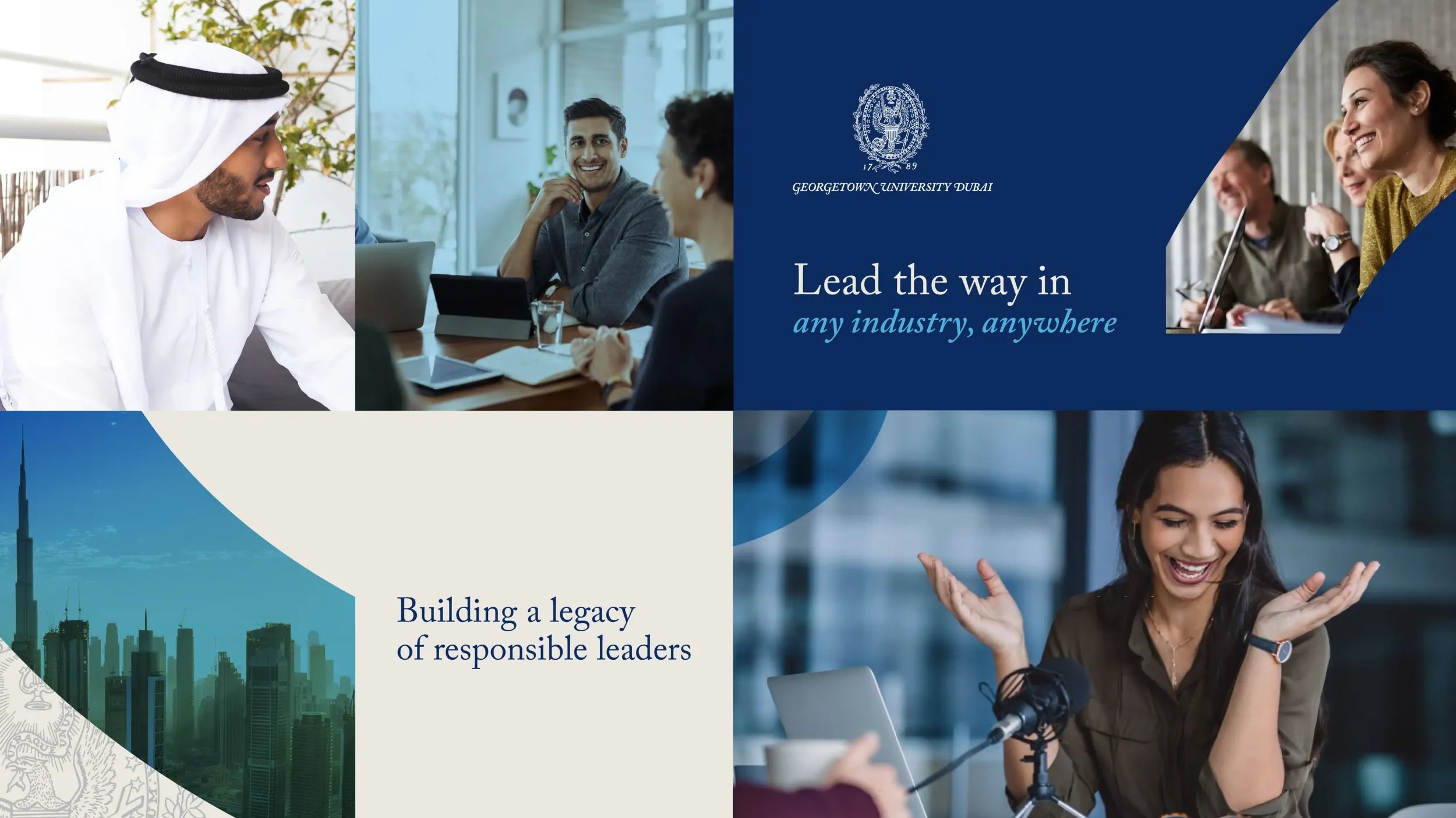 Multi-panel image showcasing Georgetown University Dubai. Skyne develops comprehensive branding strategies and visual communication for leading educational institutions in Dubai, Riyadh, and Jeddah.