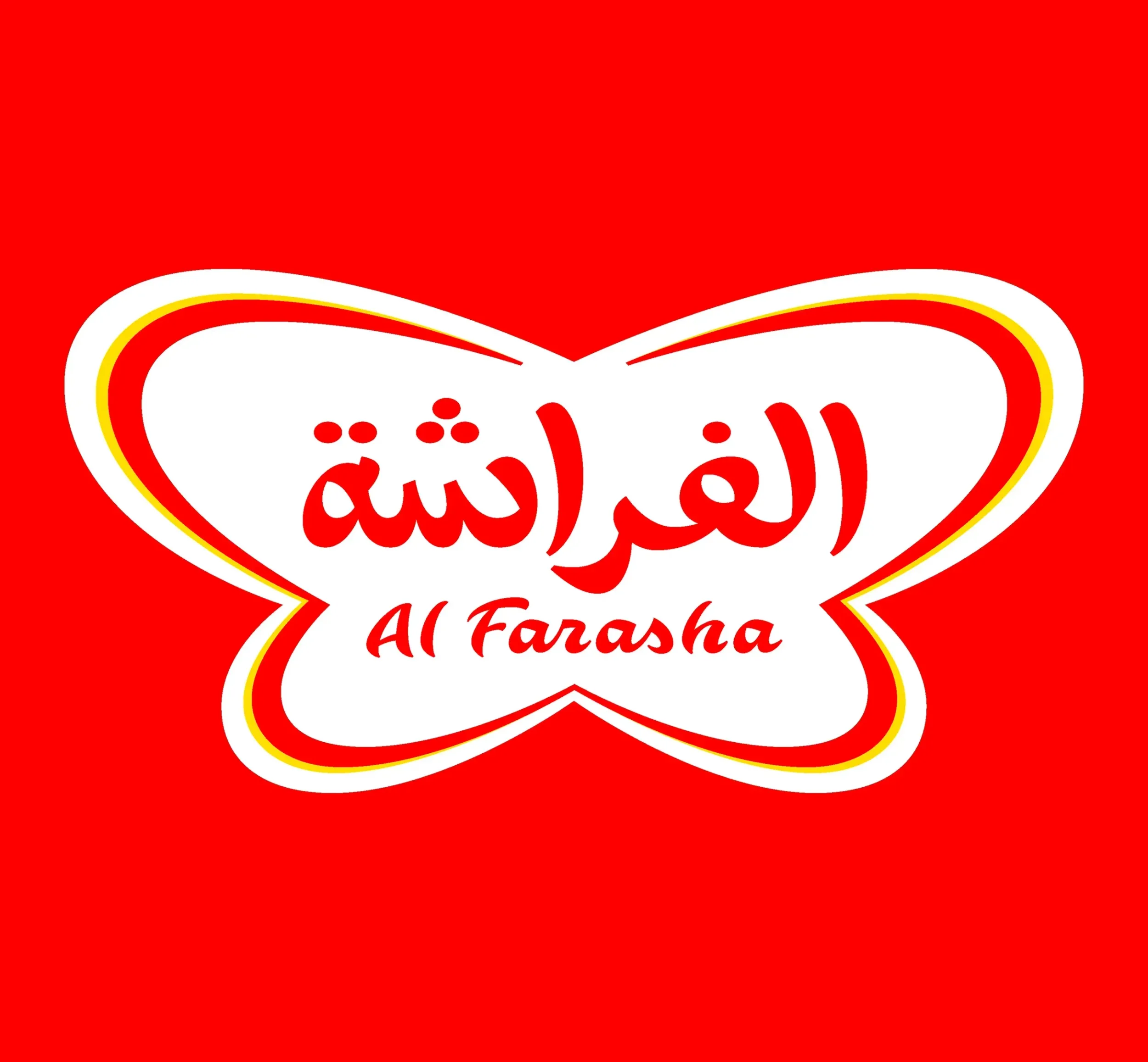 Al Farasha logo, a red butterfly shape with Arabic and English text. Skyne, a branding agency, evolved the butterfly symbol. 