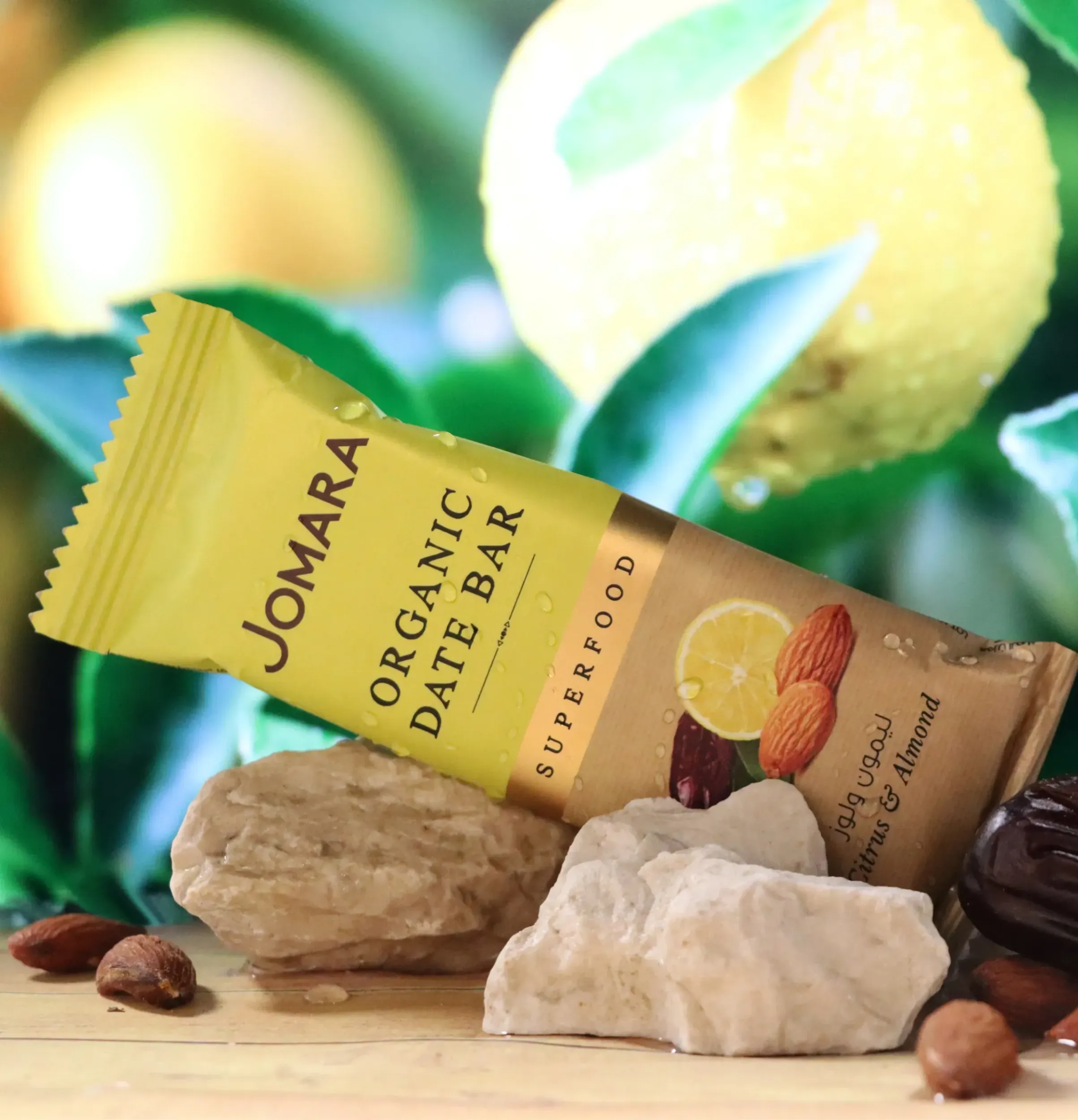 Jomara Organic Date Bar (Citrus & Almond), illustrating healthy snack packaging design and branding by Skyne, a creative agency focused on natural product branding.