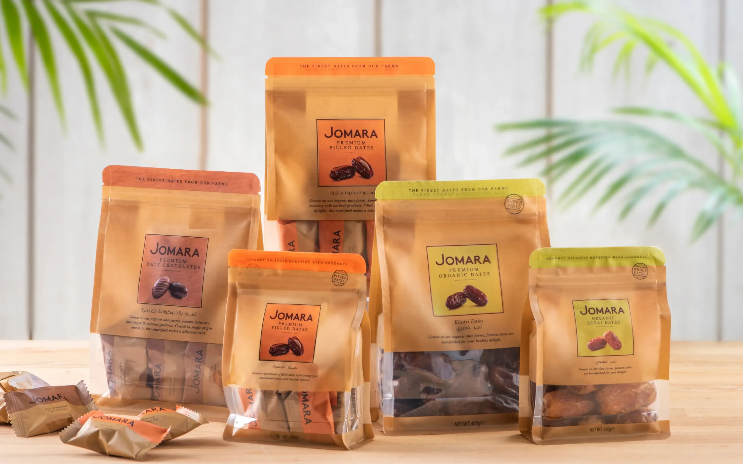 Jomara date products in resealable pouches, packaging and branding designed by Skyne branding agency