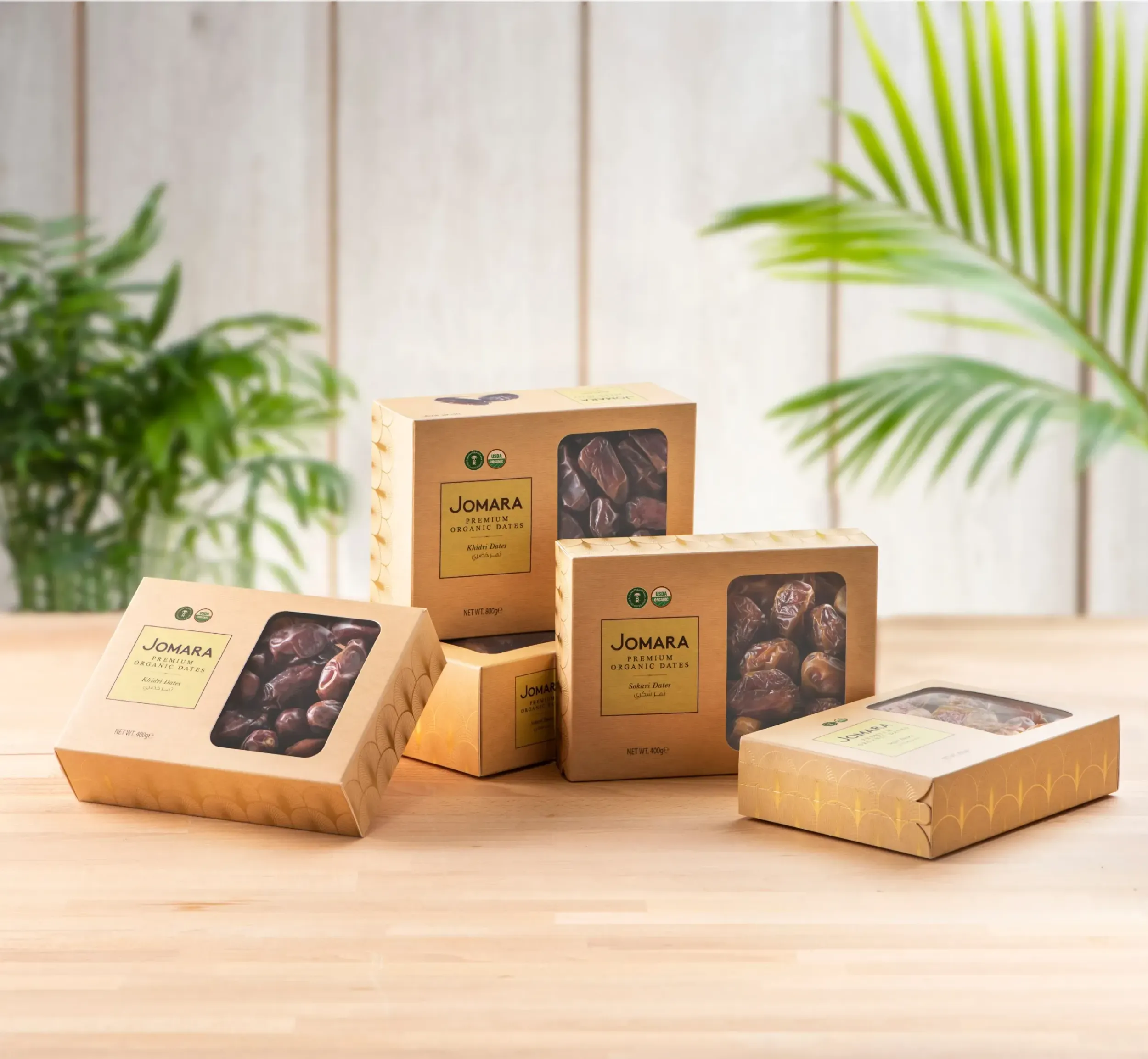 Jomara Premium Organic Dates boxes, showcasing sustainable packaging design and premium branding by Skyne, a branding agency with expertise in FMCG.