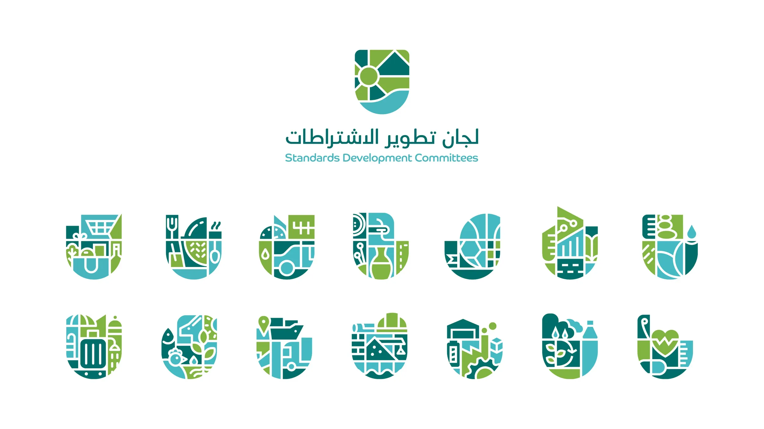 Various icons representing different Standards Development Committees, unified by a grid system. Skyne, a branding agency, created a consistent yet flexible brand architecture. 