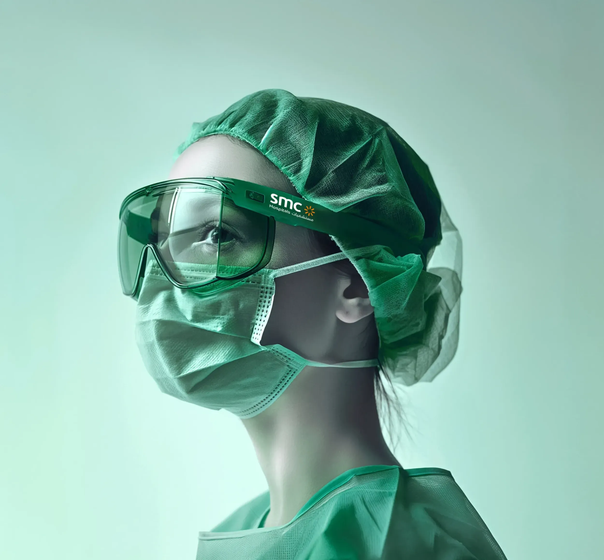 Medical professional wearing SMC Hospitals branded protective gear, reflecting Skyne's focus on healthcare branding and patient trust.